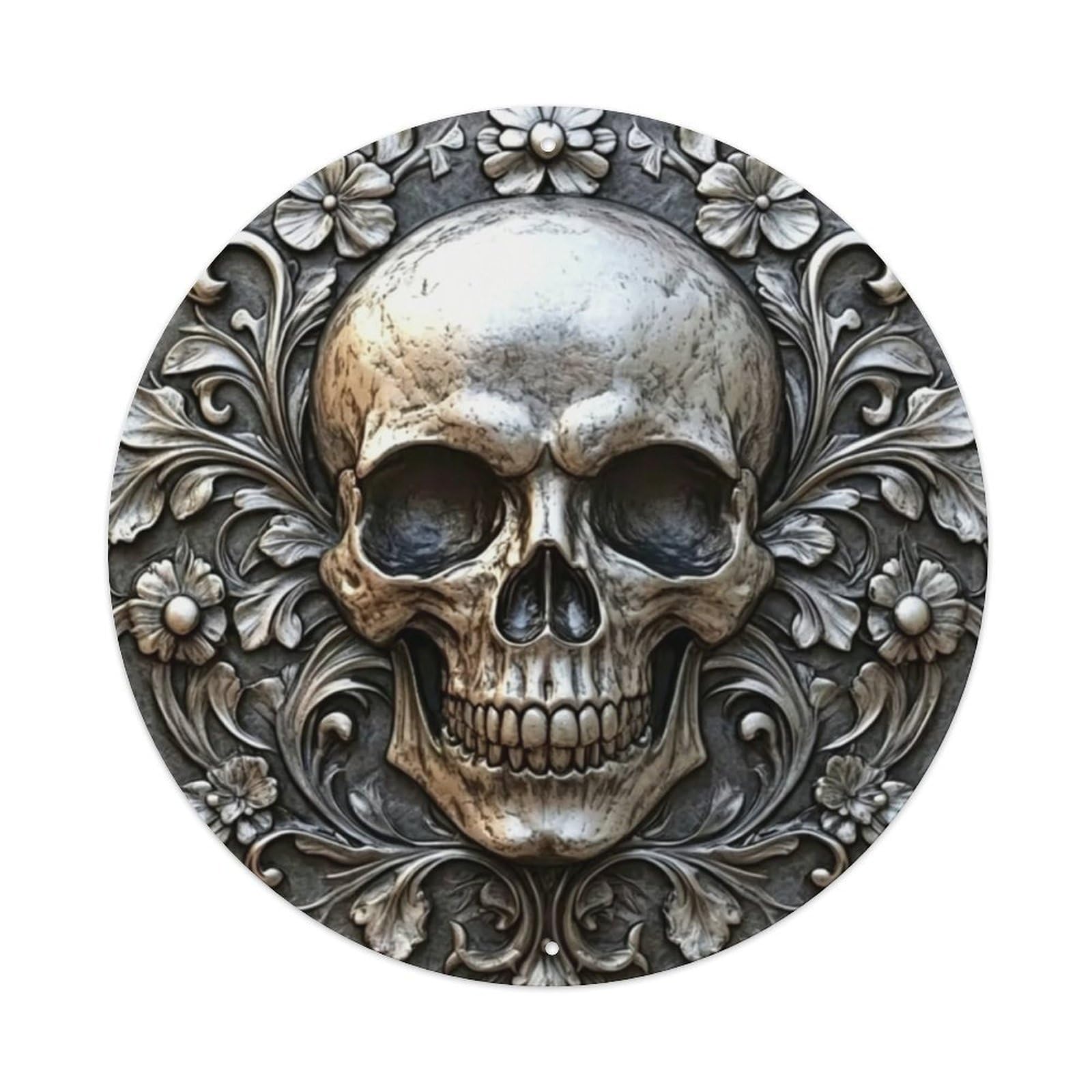 Vintage Floral Skull Gothic Round Decor Sign Vintage Aluminium Metal Sign, Retro Wall Decor for Home, Bar, Garage & Farmhouse 20x20cm