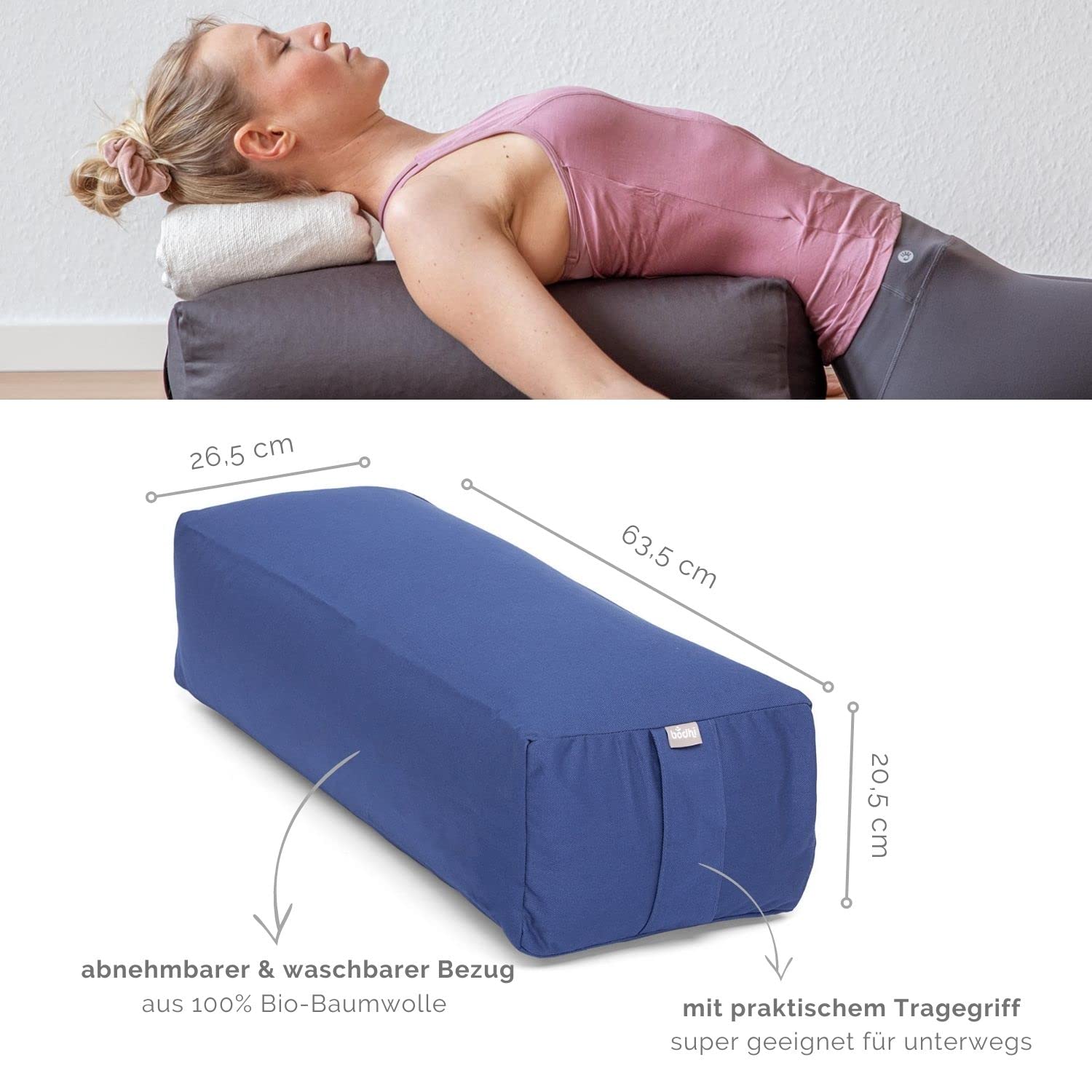 Bodhi Yoga Salamba Bolster Eco | Funda lavable de algodón 100% orgánico | Rollo de yoga rectangular con relleno de espelta orgánica | Cojín de yoga grande | Tamaño 63 x 26 x 20 cm (azul oscuro)