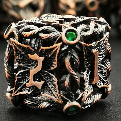 Miniatura 2 de MJDICEOK Hollow Magic Vine Leaf - Juego de dados DND de metal, 7 dados para juegos de rol, dados de D&D Dungeons and Dragons (cobre rojo + gema