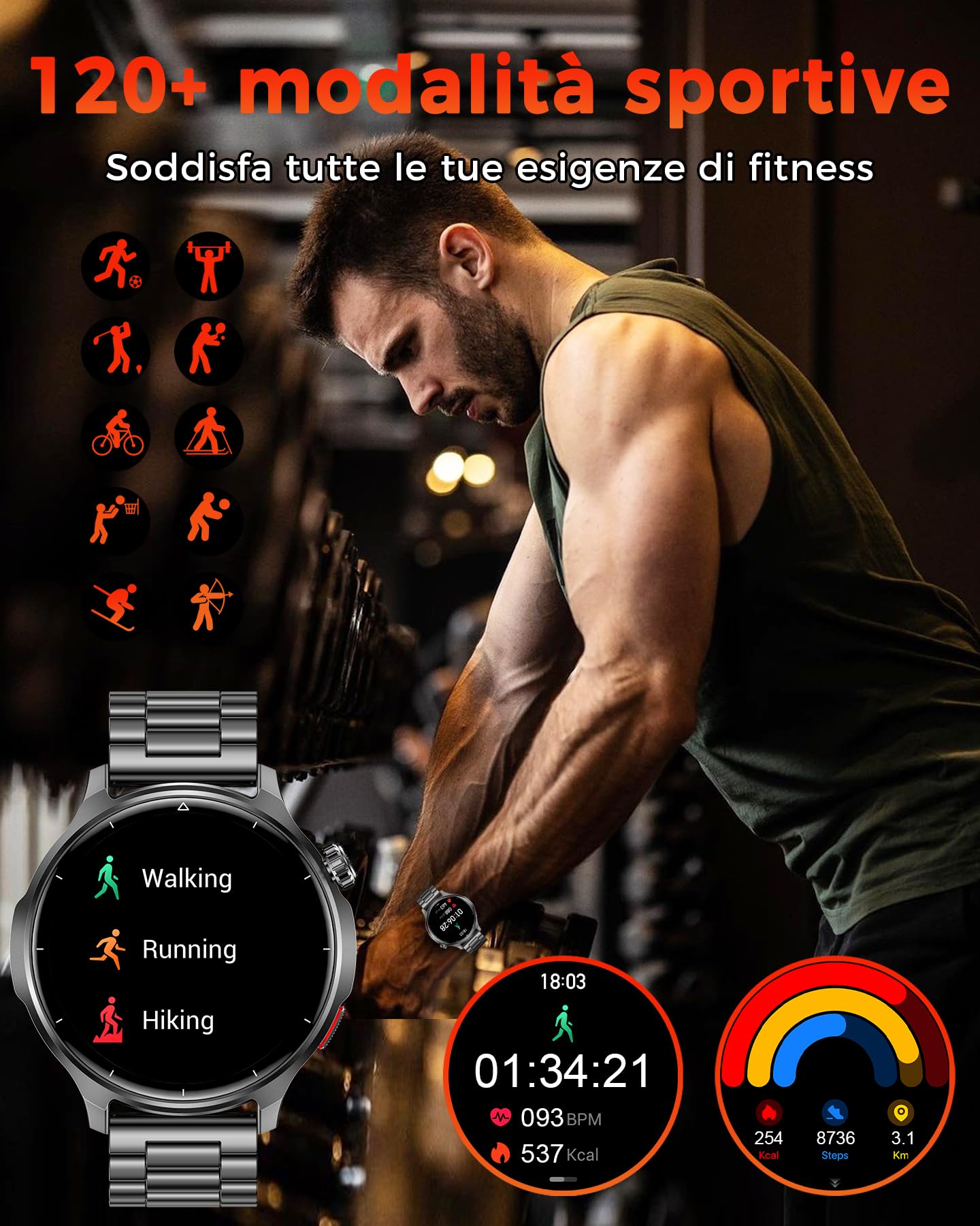 Smartwatch Uomo 1,52", Batteria da 1000 mAh, Chiamate Bluetooth | Frequenza Cardiaca, SpO₂, Sonno e Stress, 120+ Modalità Sport, Impermeabile IP68, Android iOS, Due Bracciali, Nero
