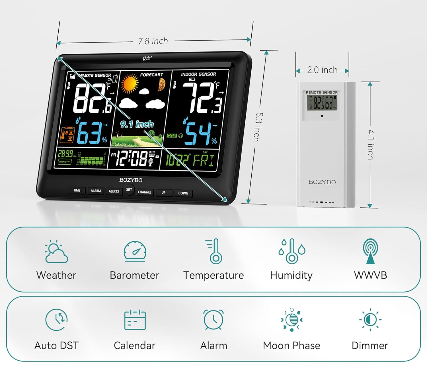 Weather Station Wireless Indoor Outdoor Thermometer: BOZYBO Digital Atomic Clock with Indoor/Outdoor Temp, Temperature Gauge Weather Clock with Calendar and Adjustable Backlight - Image 6