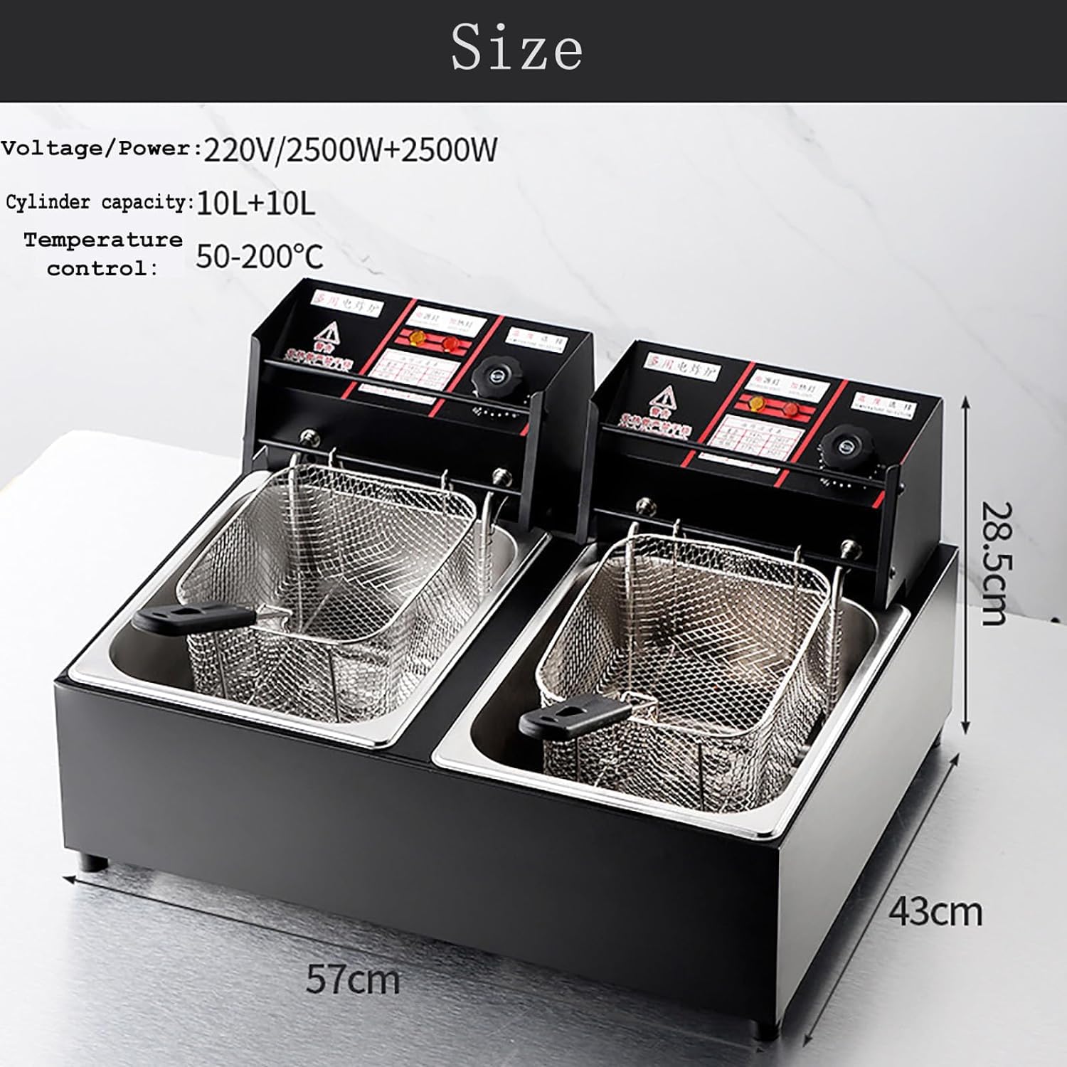 Friggitrice commerciale, friggitrice elettrica commerciale, friggitrice elettrica da banco con 2 cestelli e coperchi per cucina domestica e ristorante, friggitrice a doppia vasca in acciaio inossida