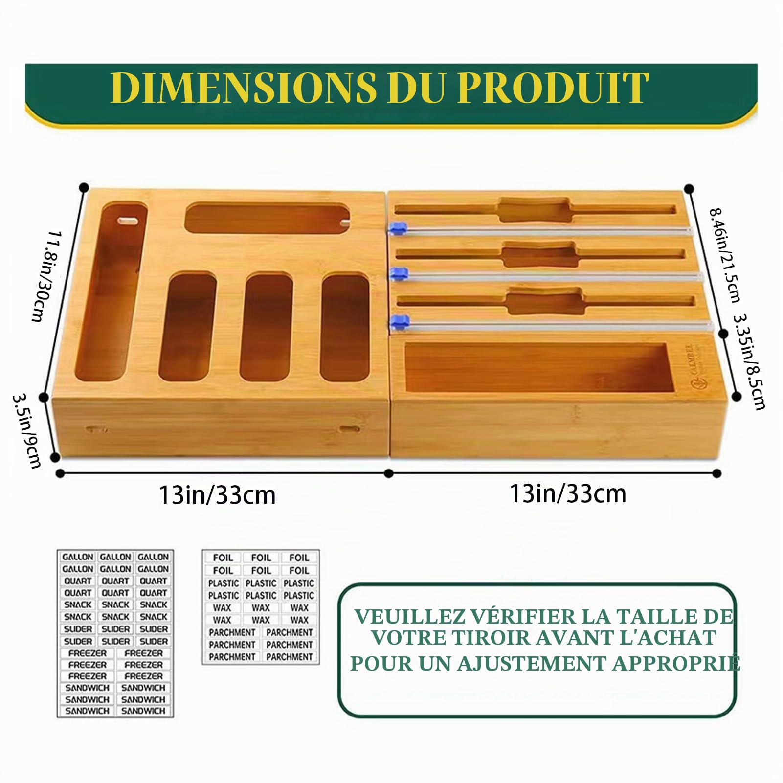 Lot de 3 coupe-capsules, distributeur de film d'aluminium et conservation de la fraîcheur, montage mural, 9 en 1, distributeur de film alimentaire, tiroir en bambou, pour cuisine et tiroirs