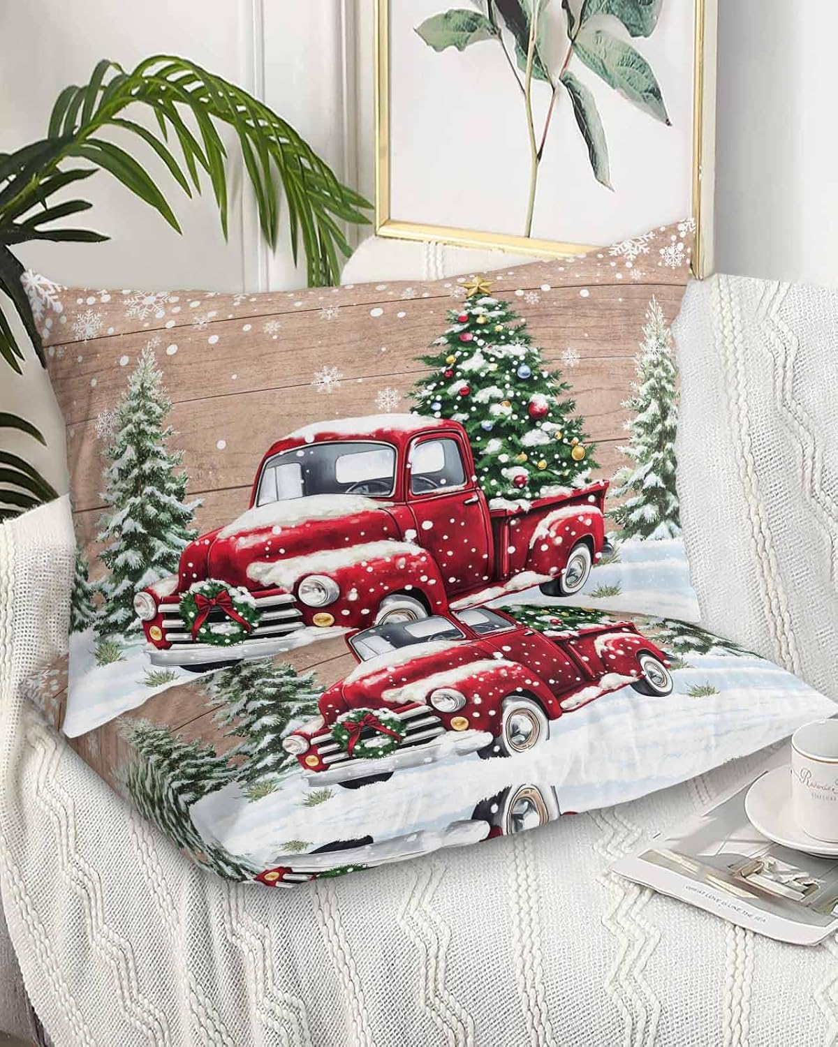 DecorLovee Christmas Red Truck California King Pillow Case - Microfiber Bed Throw Pillow Covers, Winter Farmhouse Snowflakes Wooden Grain Decorative Lumbar Pillow Cover with Envelope Closure 20"x40"
