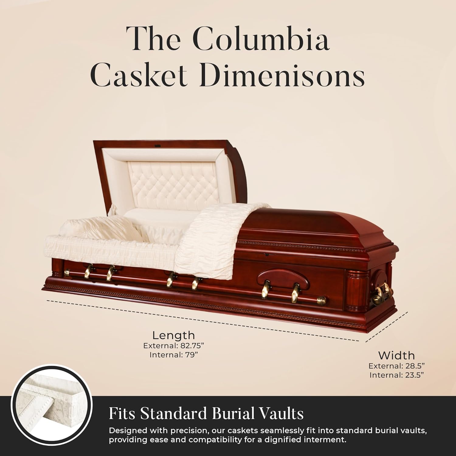 Overnight Caskets Columbia Mahogany Wood Funeral Casket Cherry with Ivory Interior - Fully Appointed Adult Caskets for Humans | Featuring Handcrafted Mahogany Solid Wood with Pillow & Throw Set