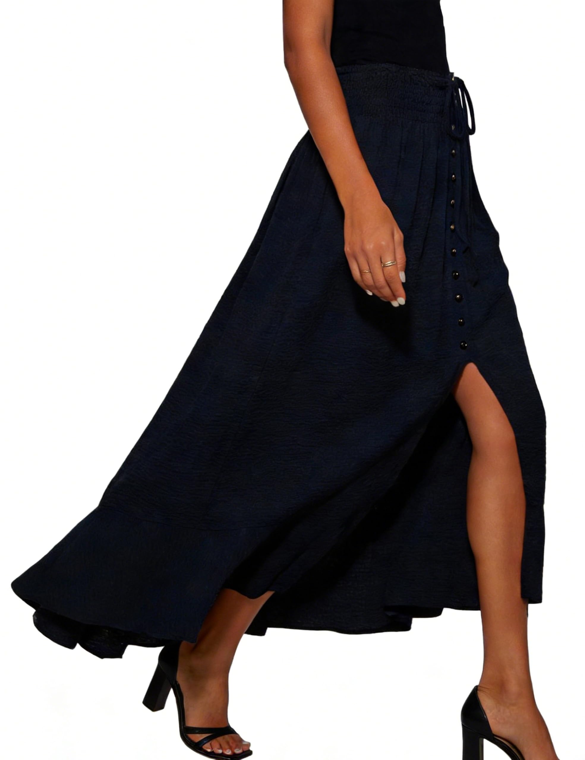 Women's Maxi Pleated Skirt with Pockets, High Waisted A Line Long Skirts Button Down Business Casual Outfits
