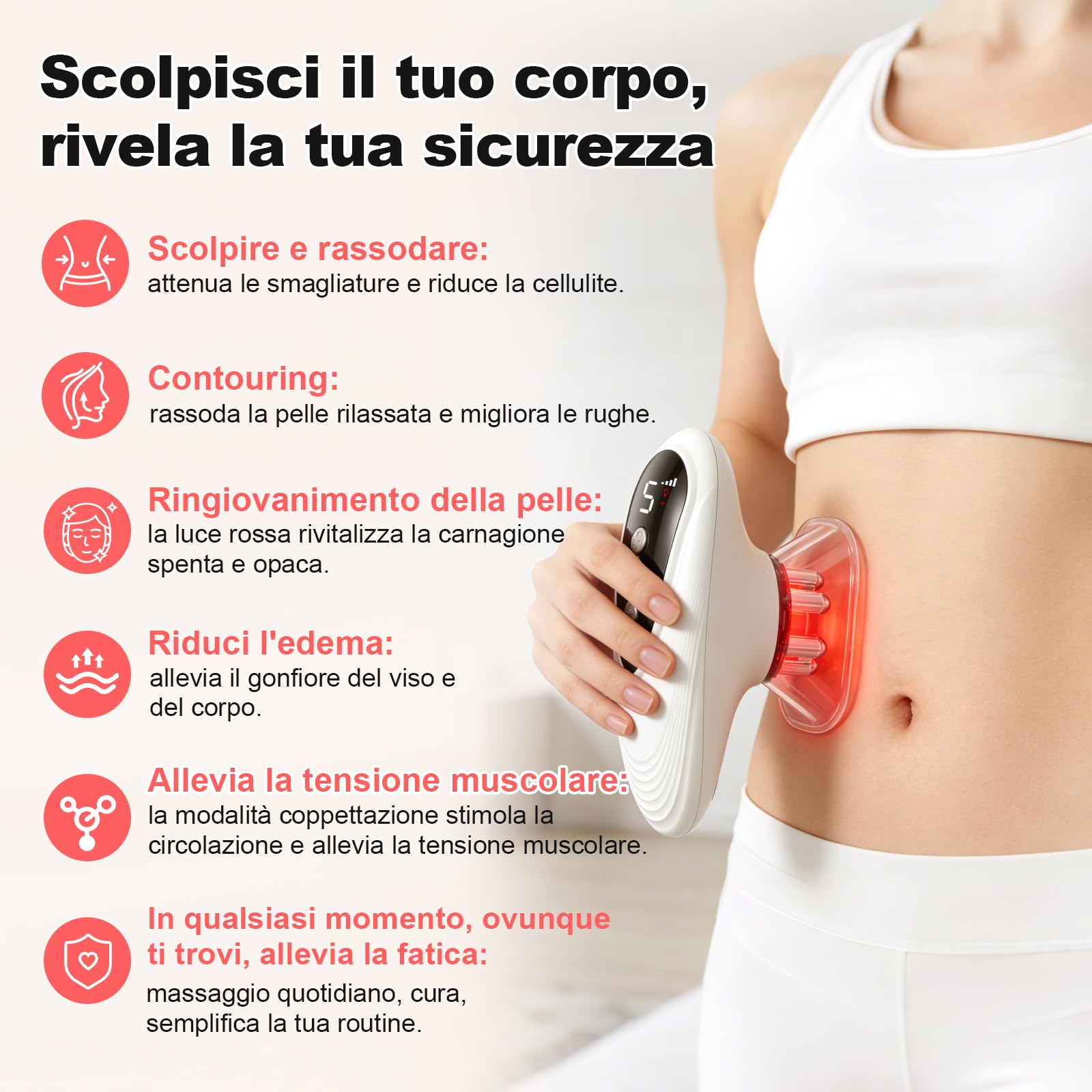 3in1 Massaggiatore a Coppettazione Elettrica, Anticellulite Massaggiatore dotato di terapia con luce rossa EMS, 5 Livelli di Intensità Regolabili, Rassoda Tessutii, Drenaggio Linfatico