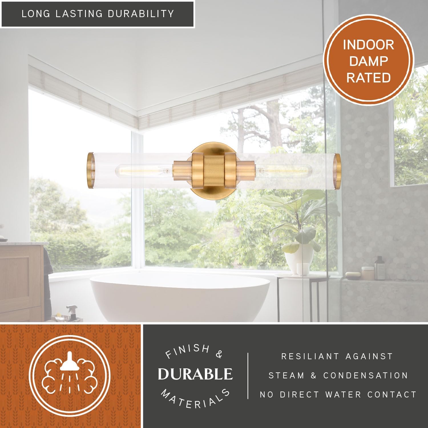 VAXCEL Levitt 2 Light Bathroom Vanity Fixture, Mid Century Modern Industrial Style, Satin Brass Finish, Clear Glass