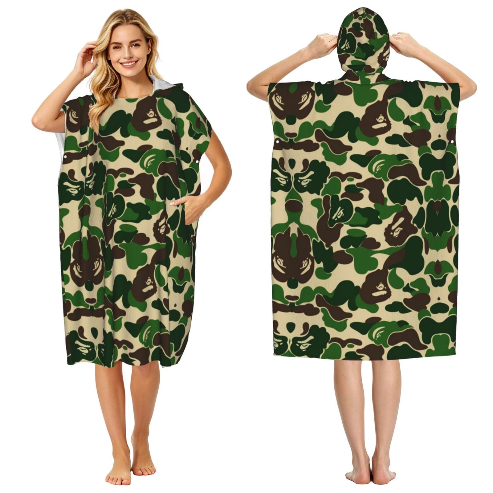 EZDLOWVBA Aniaml Camouflage Green Print Hooded Poncho Microfiber Beach Towel,Adult Women & Men Changing Robe,Lightweight Summer Surf Swim Bath Poncho Towel