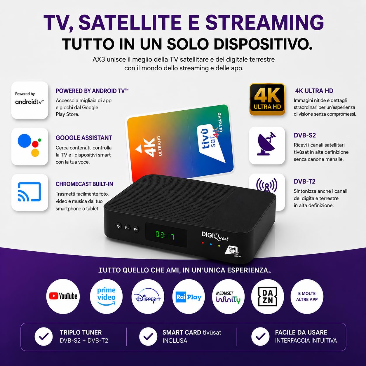 DIGIQUEST AX3_tivùsat universal con termómetro láser incluido | Combo 4K con triple sintonizador DVB-T2 HEVC Main10, DVB-S2 Powered by Android TV™ | Control por voz | Google Cast™ | Smartcard tivùsat