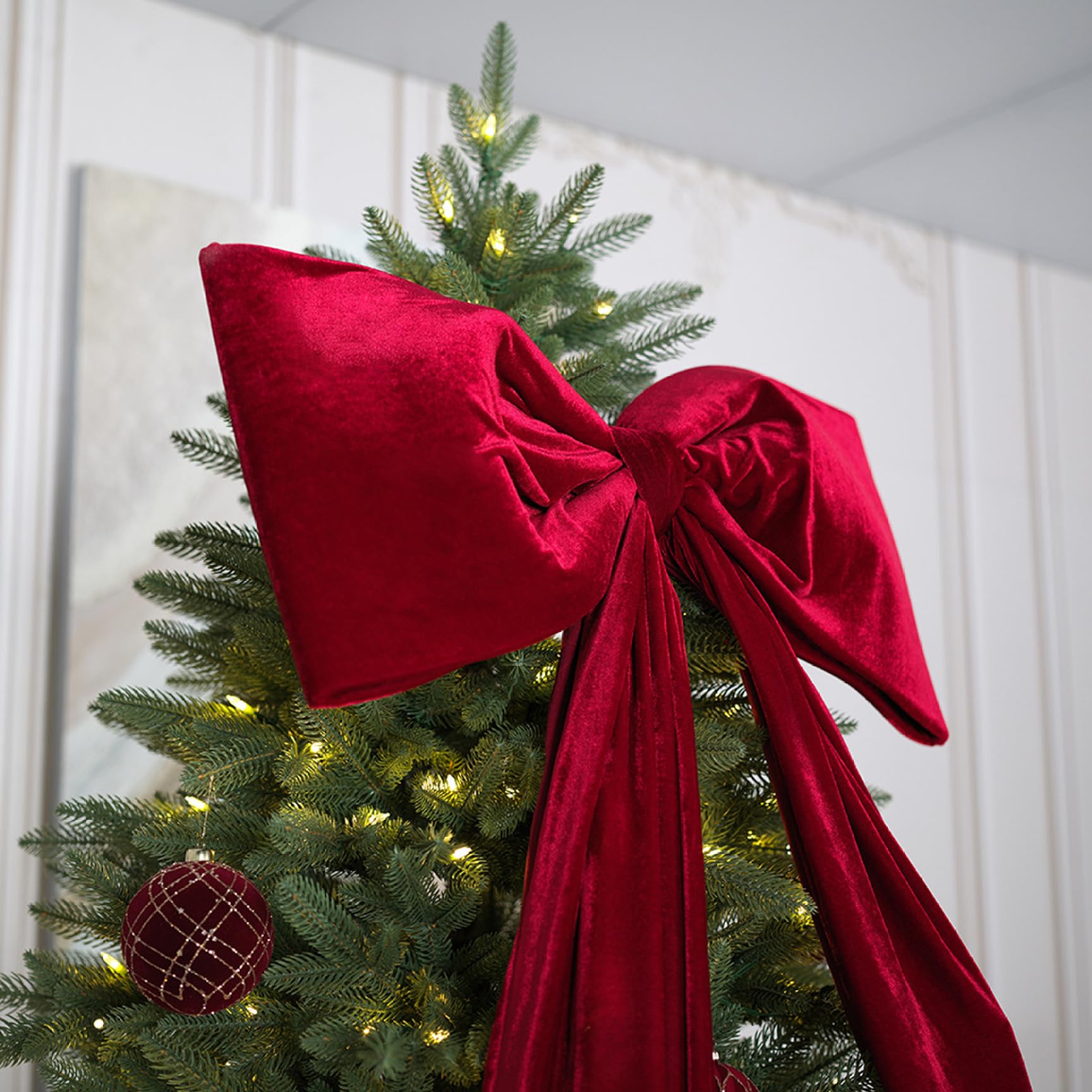 Nœud extra large en velours rouge pour décoration de sapin de Noël - 180 x 71 cm