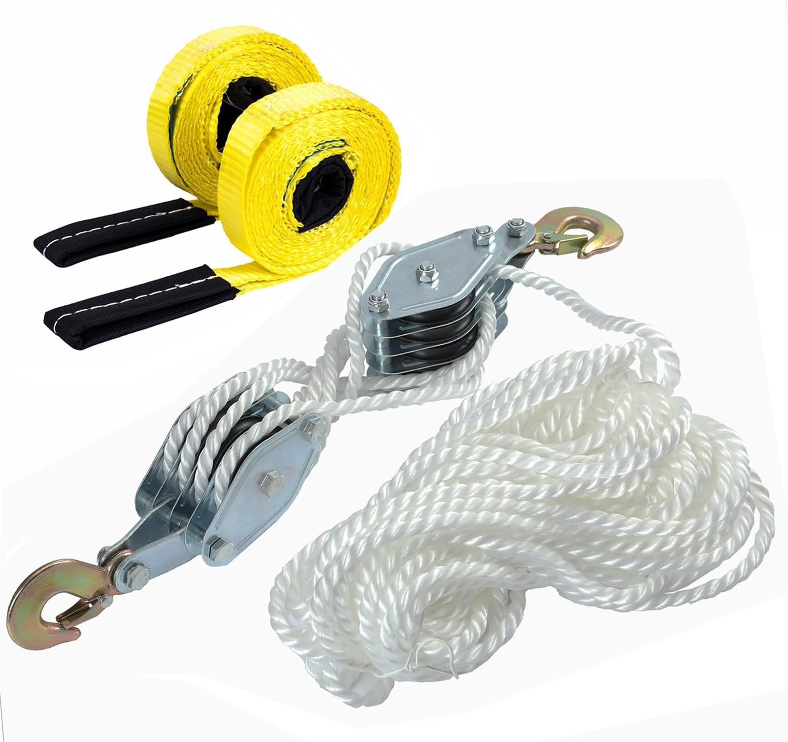 THE WHITE SHOP 4000LB 65 Feet Rope Hoist Pulley 2 Ton Wheel Block and Tackle System 7:1 Ratio Lifting Power with 2PCS 5.9 FT Lift Sling