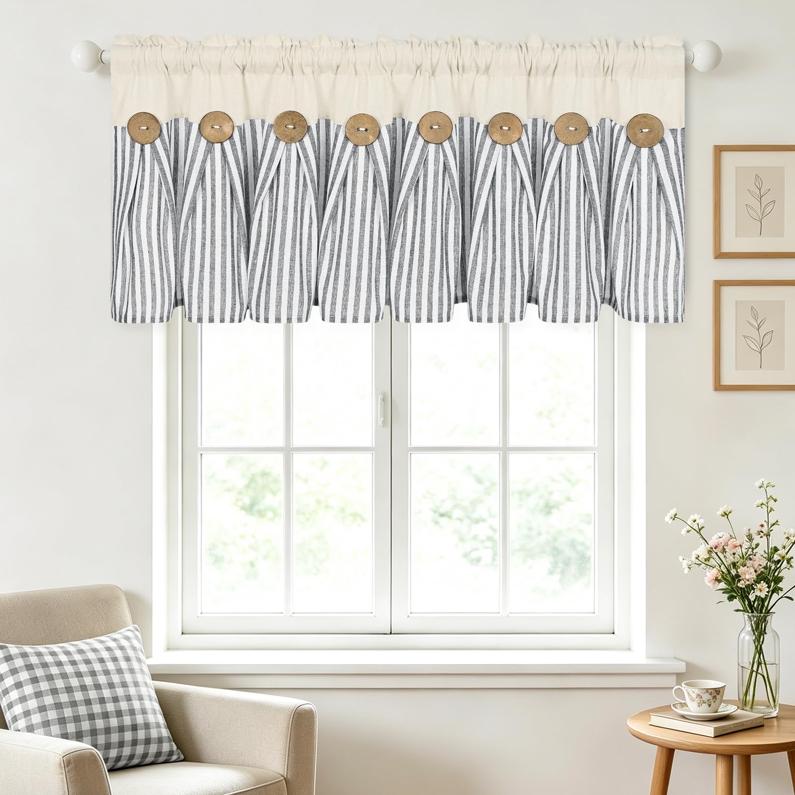 Rideaux de cantonnière en coton et lin de style rustique de style rustique avec passe-tringle pour café, salle de bain, chambre à coucher - Gris foncé et naturel