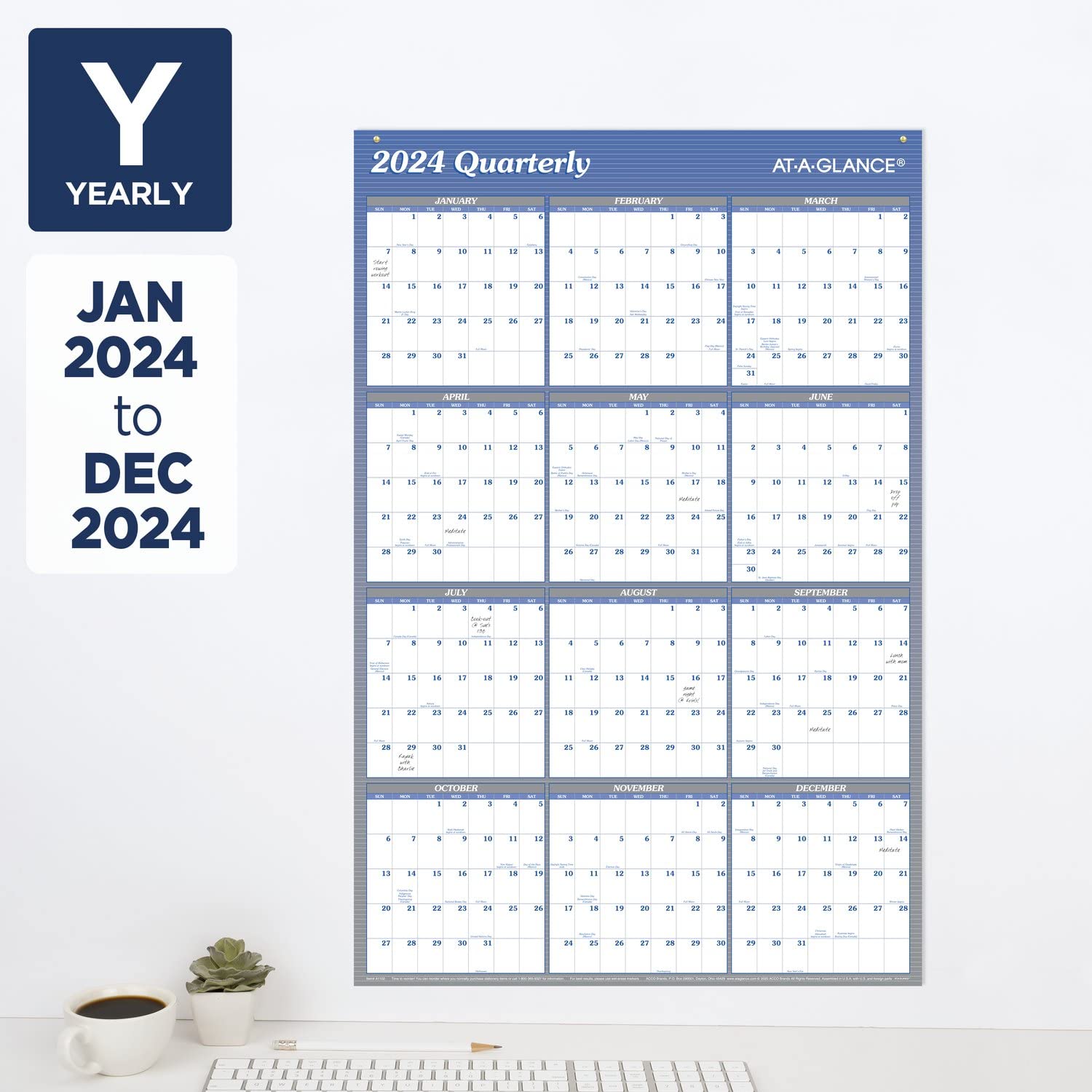 AT-A-GLANCE Calendario da parete 2024, 91,4 x 61 cm, grande, cancellabile, annuale, verticale, orizzontale, reversibile (A1102-24)