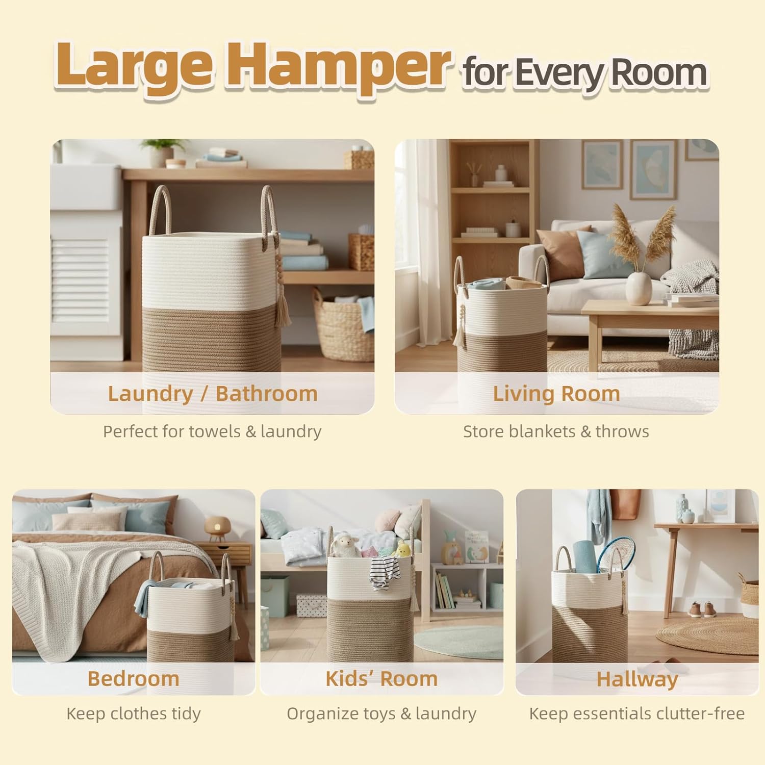 80L Tall Woven Laundry Hamper – Large Foldable Storage Basket with Handles for Clothes, Blankets, Toys, Bathroom, Living Room, Nursery Decor