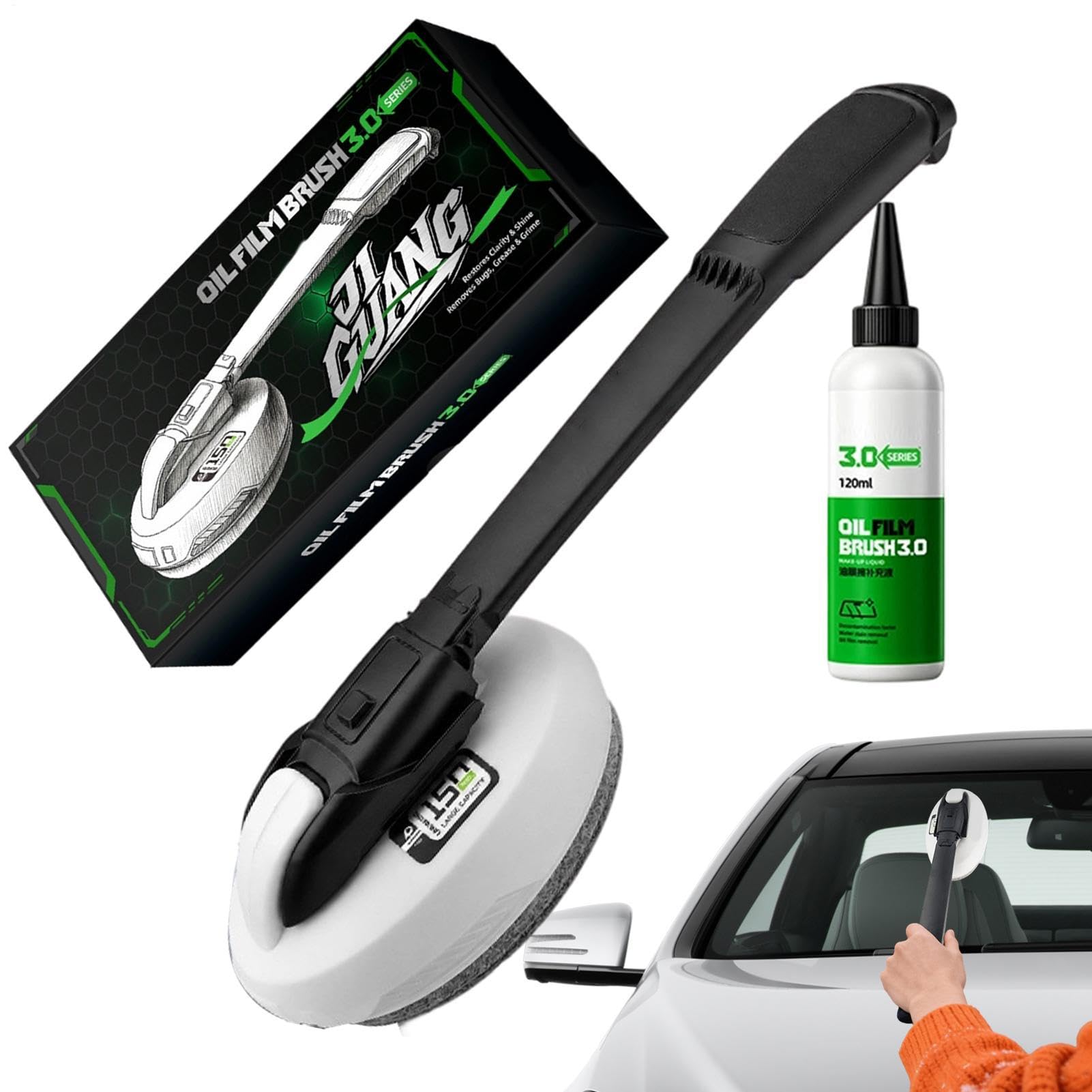 Quitapelícula para cristales coche Cepillo Limpiador Con Mango Largo | Limpiacristales 150 ml Precargado + 120 ml Recarga para conducción clara y espejo retrovisor