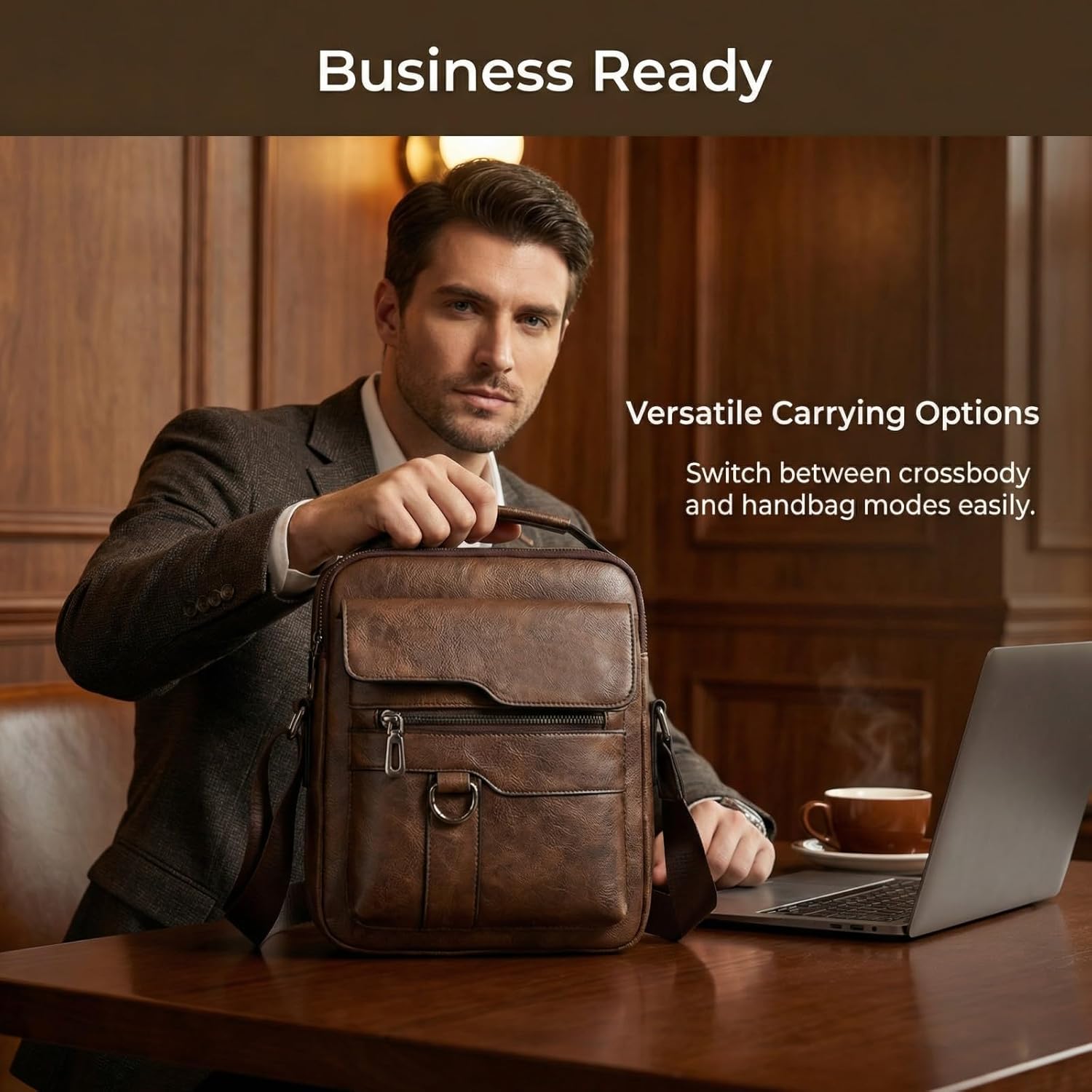 Men's Leather Crossbody Bag, Casual leather Bag for Men, Crossbody Bag Office Business,Handbag Purse Zipper - Image 6