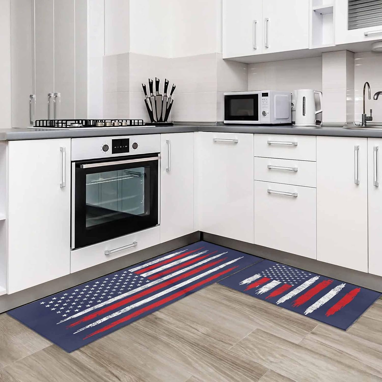 Kitchen Mats for Floor USA Flag Independence Day Washable Non Slip Kitchen Rugs 2PCS, Retro Stripes and Stars Absorbent Standing Mats for Sink Bathroom Office Living Room 15.7x23.6in+15.7x47.2in