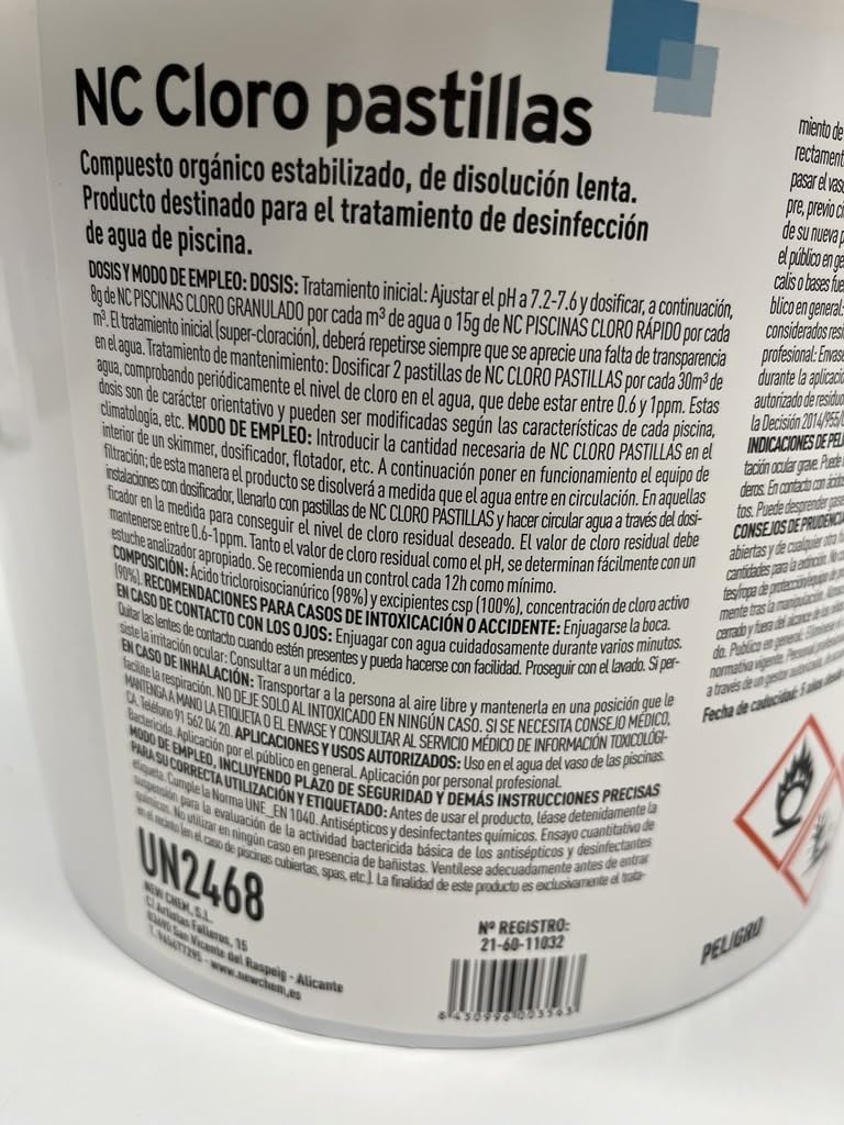NC - Cloro en Pastillas o Tabletas de 200g. Disolución Lenta. Mantenimiento del Agua para Todo Tipo Piscinas. 5Kg.