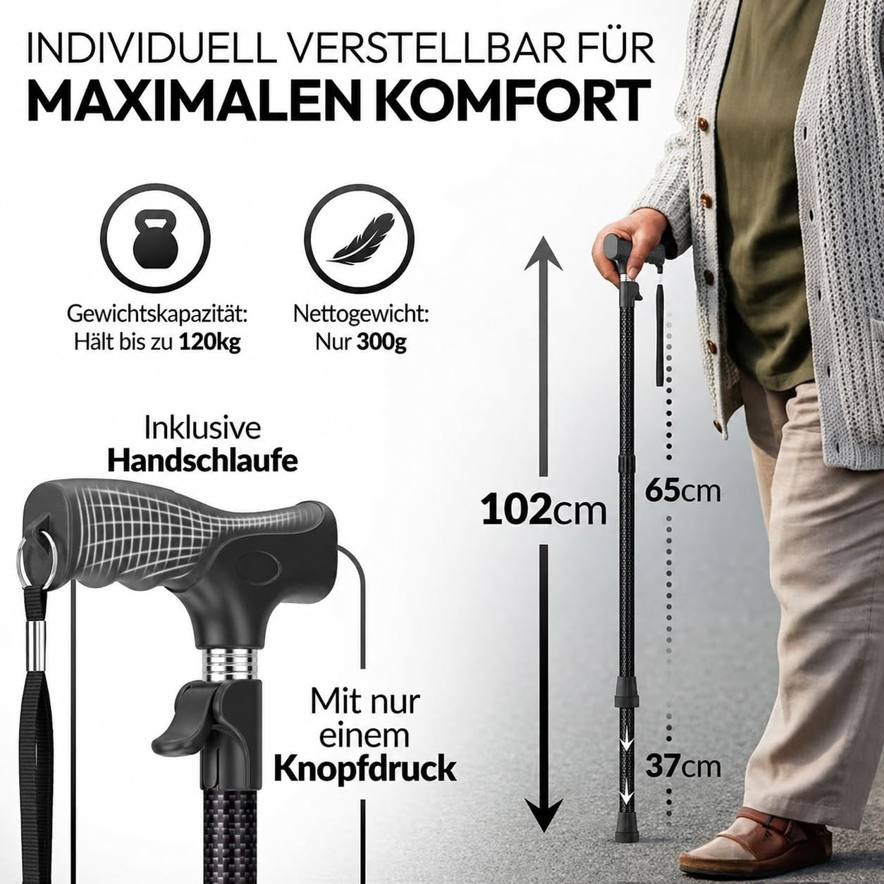 Gehstock Damen Herren – automatisch aufklappbar, höhenverstellbar 65–102 cm | Leichte Gehhilfe für Senioren mit Klickmechanismus, ergonomischem Griff und kompakt faltbarem Design für Alltag und Reisen.
