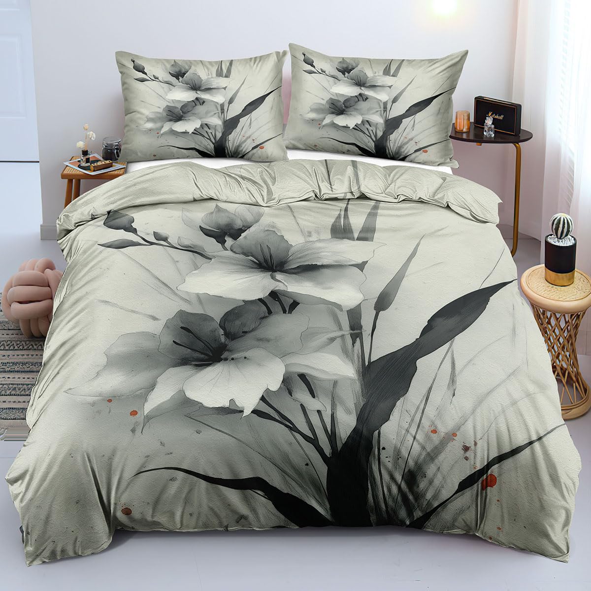 Parure de lit 3 pièces imprimé floral housse de couette 260x240 grise réversible toutes saisons