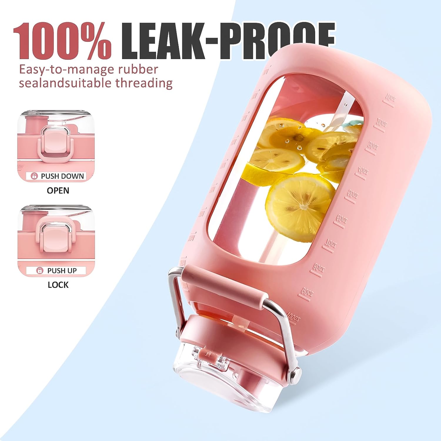 Large Glass Water Bottles with Stainless Steel Handle,100 oz Gallon Drinking Bottle with 2-in-1 Straw Lid,3 Liter Glass Water Jug with Silicone Sleeve,Wide Mouth,Pink - Image 4