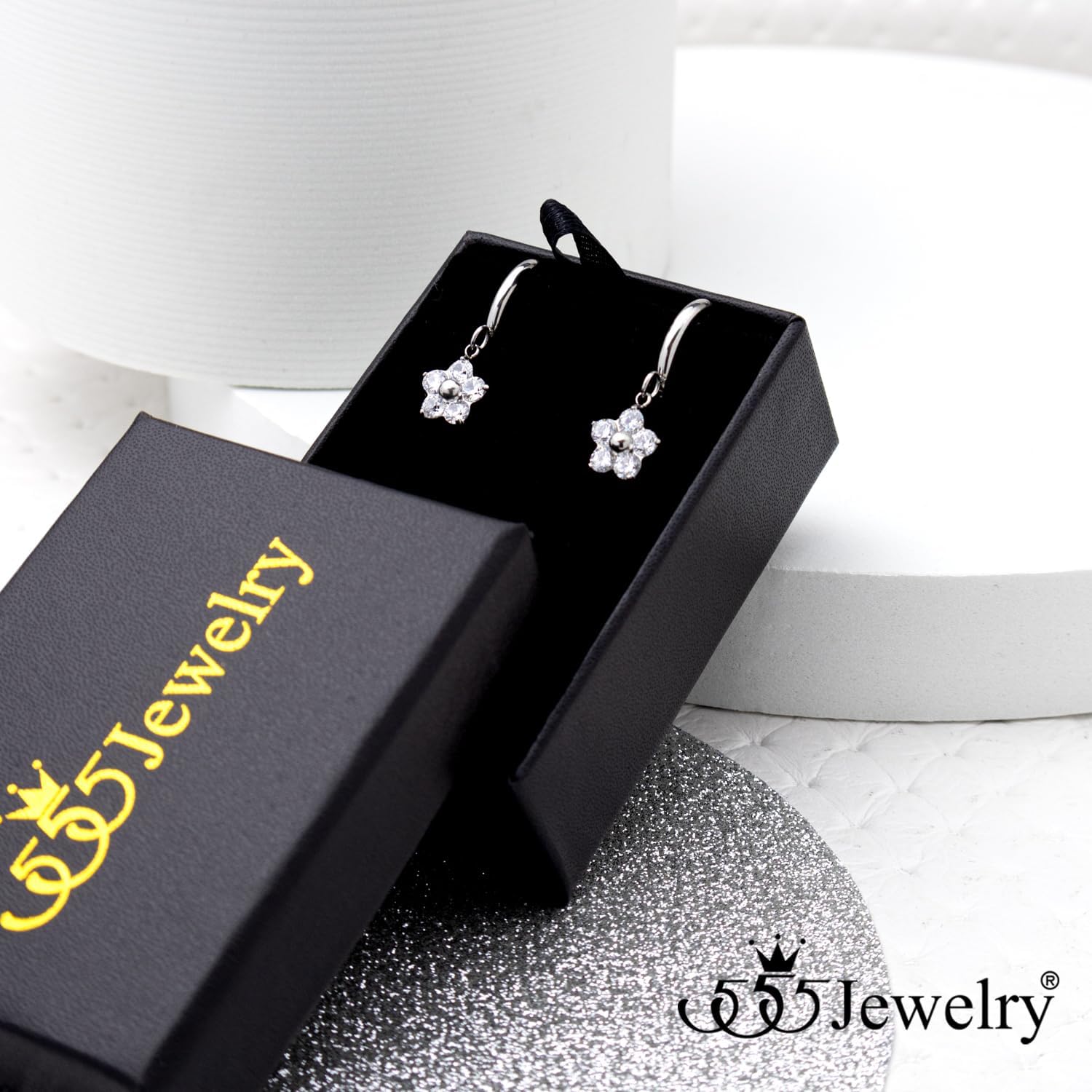 555Jewelry Flower Drop Earrings for Women Cubic Zirconia Stainless Steel Earrings Huggie Hoop Dangle Earrings - Image 3