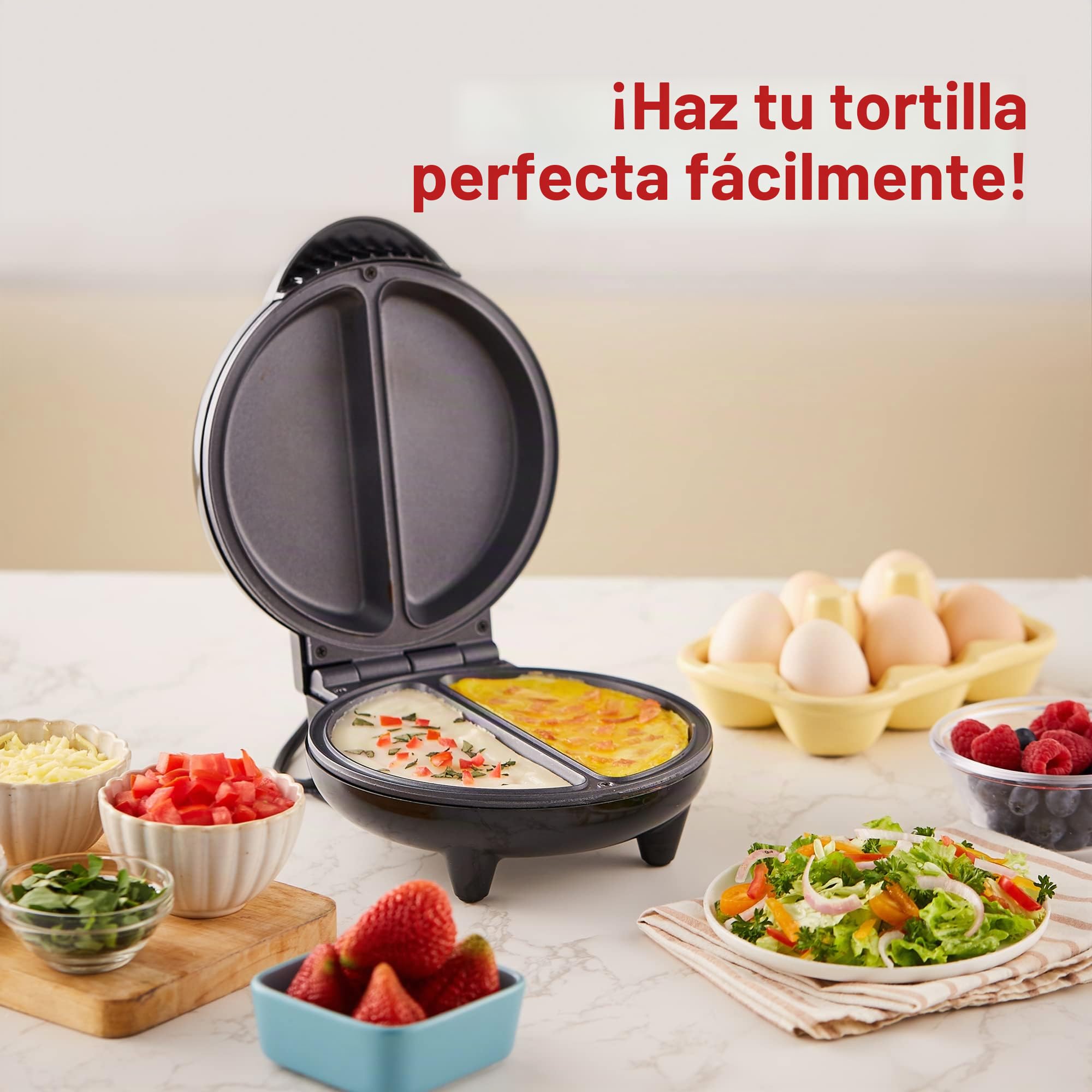 Elite Gourmet EOM205 Tortilla antiadherente, frittata, máquina para hacer bocadillos, máquina para hacer postres, 2 tortillas individuales de 6.5", acero inoxidable y negro