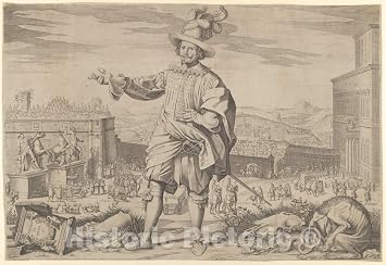 Art Print Francesco Villamena - Portrait of Ioannes Altus Johann Alten, of the Swiss Guard, standing by the Quirinal and pointing out the antiquities of Rome Vintage Wall Decor 24in x 16in