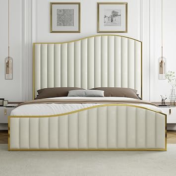 HOWE Queen Size Harp Bed Frame with 61.4" Extra Tall Curved Headboard, Velvet Upholstered Platform Bed with Gold Trim Accented Footboard, No Box Spring Needed, Wooden Slat Support, Cream