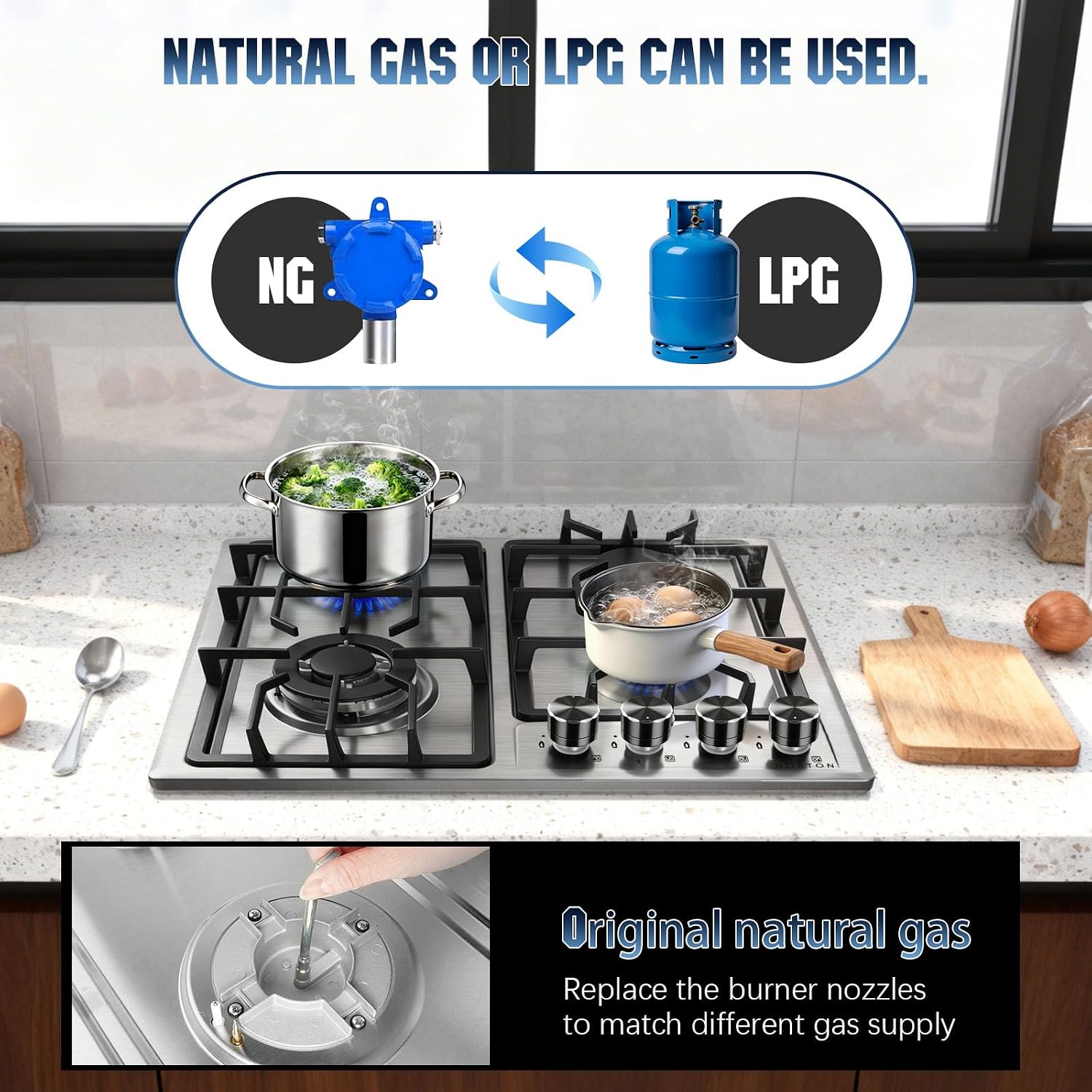 Noxton Gas Cooktop 24 Inch, 4 Burners Stove Top, LPG/NG Dual Fuel Built-in Gas Hob, Flame Out Protection Prevent Gas Leakage, Stainless Steel Propane Cooktop for RVs, Apartments, Outdoor