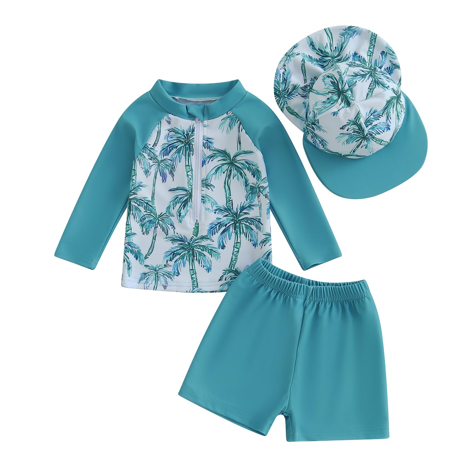 Toddler Boys Rash Guard Swimsuit Set Whale/Dinosaur/Coconut Tree Print Long Sleeve Tops with Shorts and Swim Hat (Sky Blue, 2-3 Years)