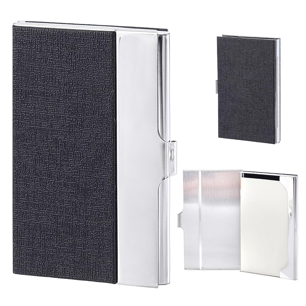 CRAFTYMELODY Metal Business Card Holder PU Leather Stainless Steel Business Card Case Silm Name Cards Credit Cards Carrier 2.36×3.74 Inch Black Pocket Wallet with Buckle for Men Women Gifts