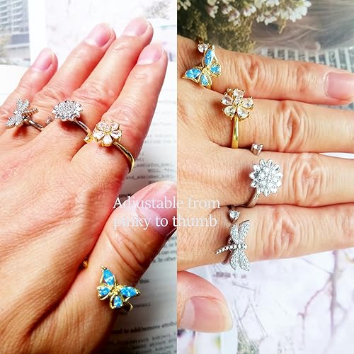 Miniatura 5 de Telinkin 4 anillos giratorios para ansiedad, chapados en oro o plata, con circonita cúbica giratoria, libélula mariposa, girasol, cinco pétalos,