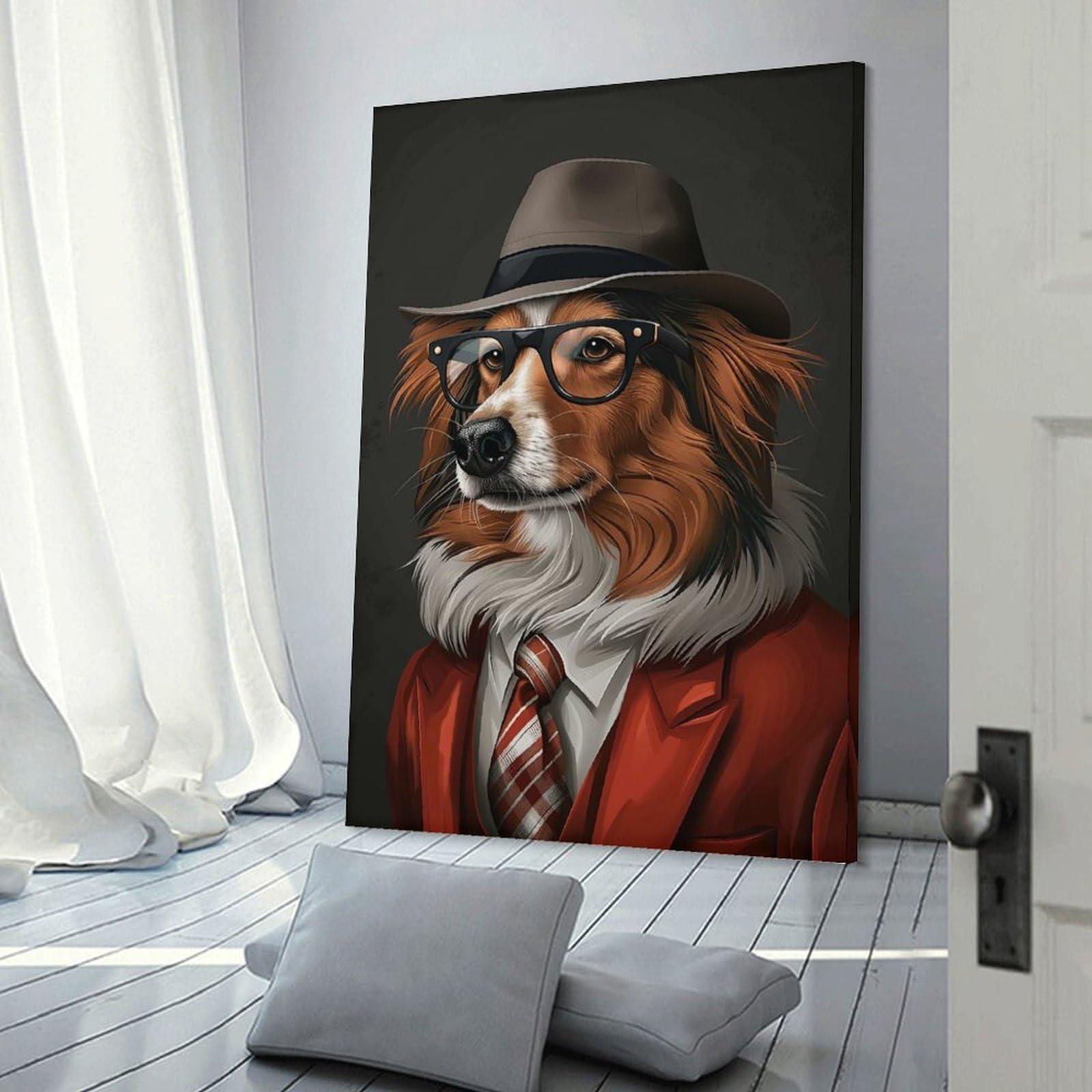 Junmoney Frame-Style-6-1 Shetland Sheepdog In Suit And Hat Decorative Wall Artwork, 16X24inch(40X60cm), For Work Areas, Reading Rooms Or Studios, Wall Art That Adds Style To Work Areas