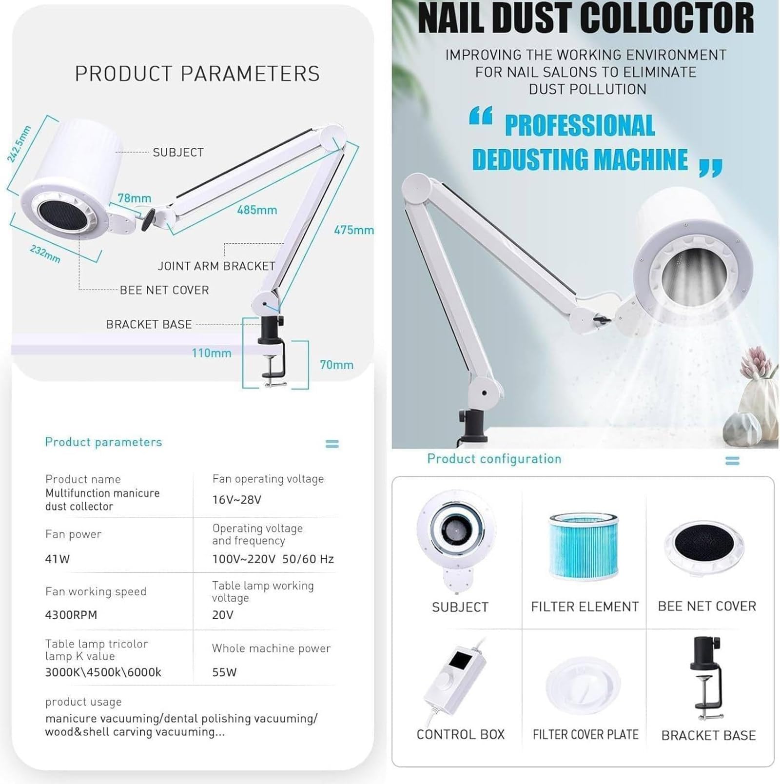 Aspirapolvere Professionale da Tavolo per Unghie da 80W, Aspirazione Potente, con Filtro Riutilizzabile, 10 velocità, con Luce LED (modalità Luce/Luminosità Regolabile)
