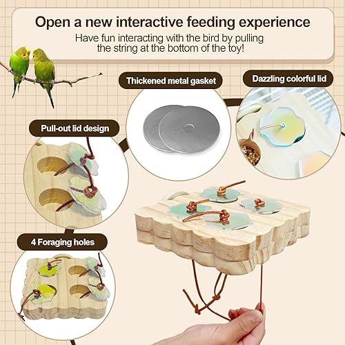 2PCS Wooden Bird Foraging Puzzle Toys Interactive Parakeet Enrichment Foraging Toy for CageBird Slow Feeder Parrot Chewing Toy for Pets, Bird Perches Stand for Sun Conure and Small Sized Birds