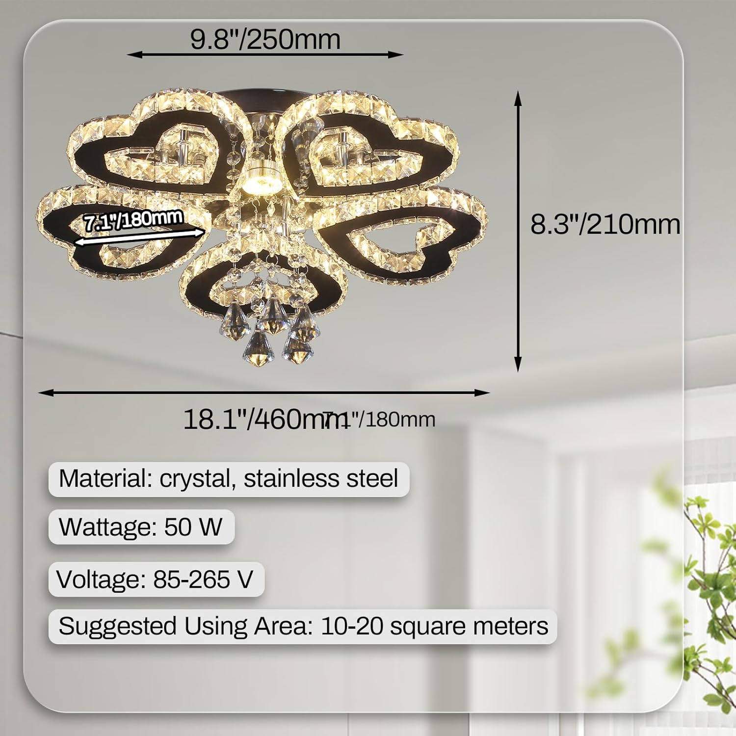 Heart 5 Rings Crystal Chandelier, Modern LED Flush Mount Ceiling Light with K9 Crystals Light Fixture for Bedroom, Living Room, Kitchen Warm White
