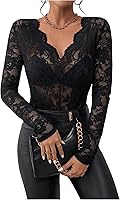 WDIRARA Women's Floral Embroidery Mesh Lace V-Neck Sheer Long Sleeve Blouse - Stretchy Soft Top for Casual Office Party
