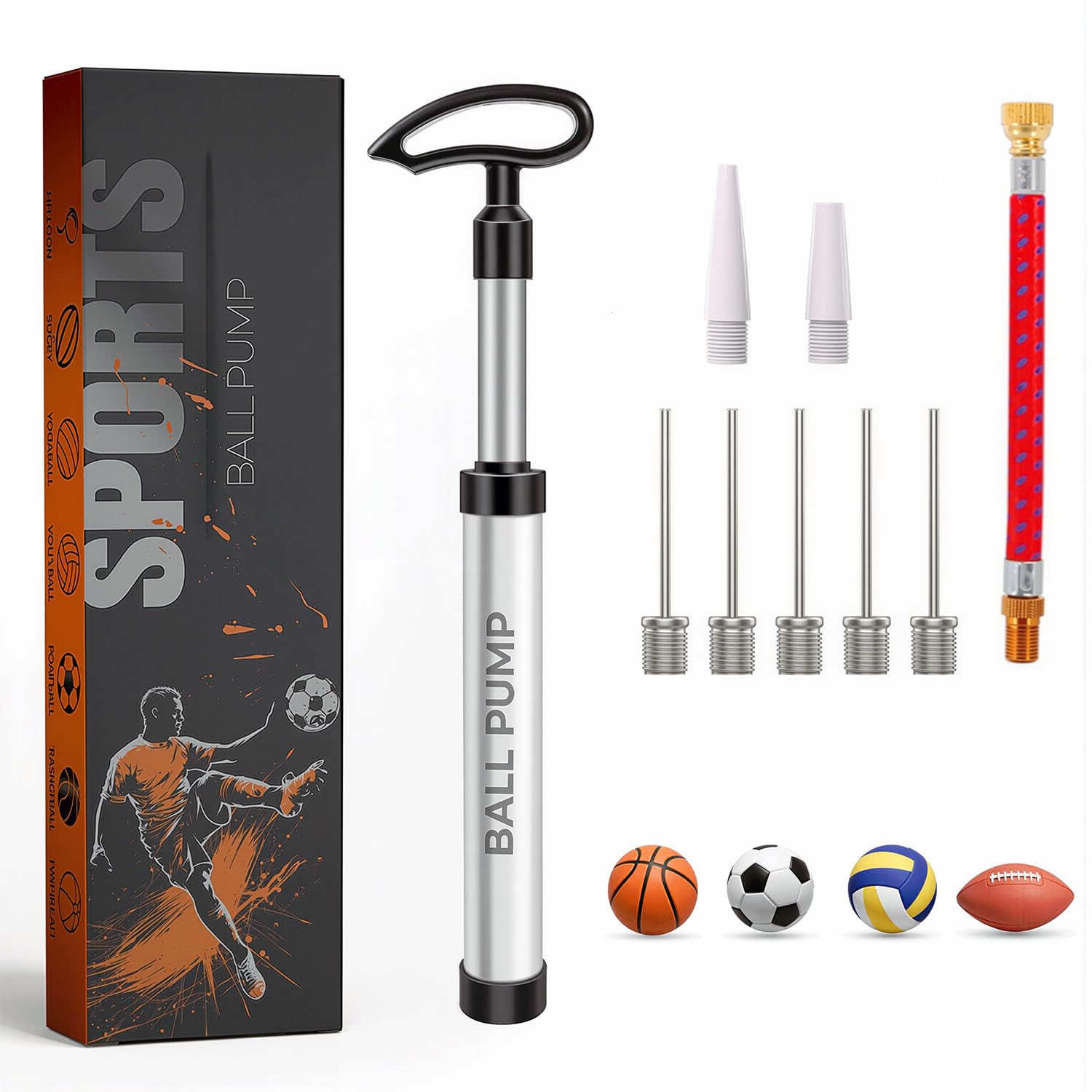 Active 100 Portable Ball Pump with Needle - Hand Pump with Nozzle & Extension Hose, for Football, Basketball, Volleyball, Durable Aluminium-alloy Tube,Ergonomic Design, Fast Air Inflator (Silver)