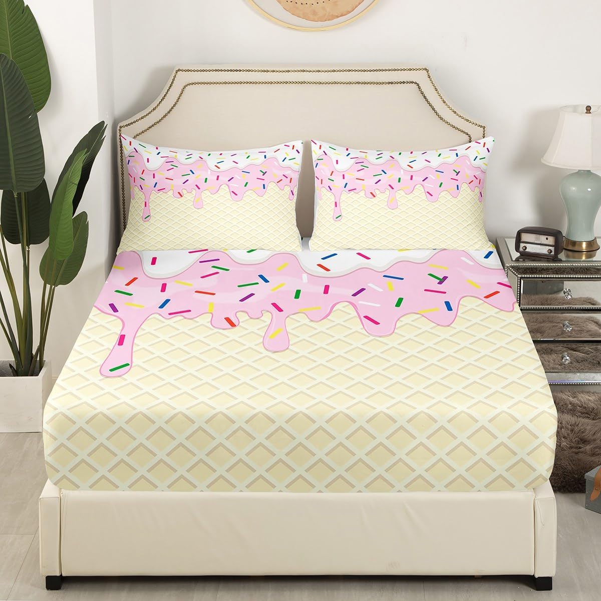Ice Cream Bedding Set Twin Size Pink White Cream Cake Bed Set for Girls Teens Bedroom Decor Kids Colorful Candy Fitted Sheet Soft Microfiber Desserts Bed Cover(1 Fitted Sheet+1 Pillow Case)