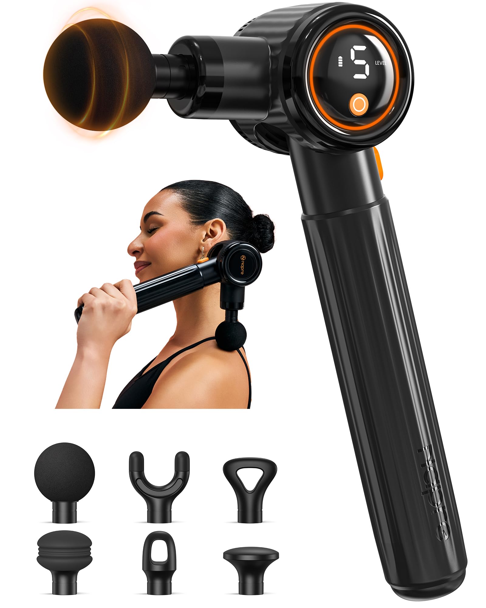 Massagepistole,Napre Massage Gun Massage Pistole mit Verlängerungs Griff und 3 Einstellbaren Winkeln,Muskel Percussion Massagegerät für Rücken/Nacken/Schulter Entspannung,Handmassagegerät,Schwarz