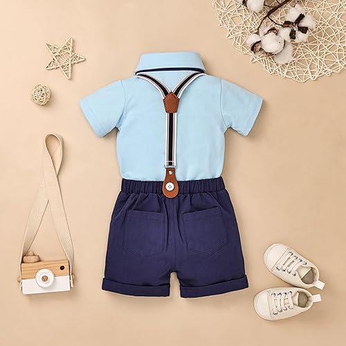 Miniatura 2 de DOMOABEI Ropa para bebé niño, trajes de caballero, camisa de bebé con corbatín y pantalones cortos con tirantes, conjunto de traje para bebé de 0 a