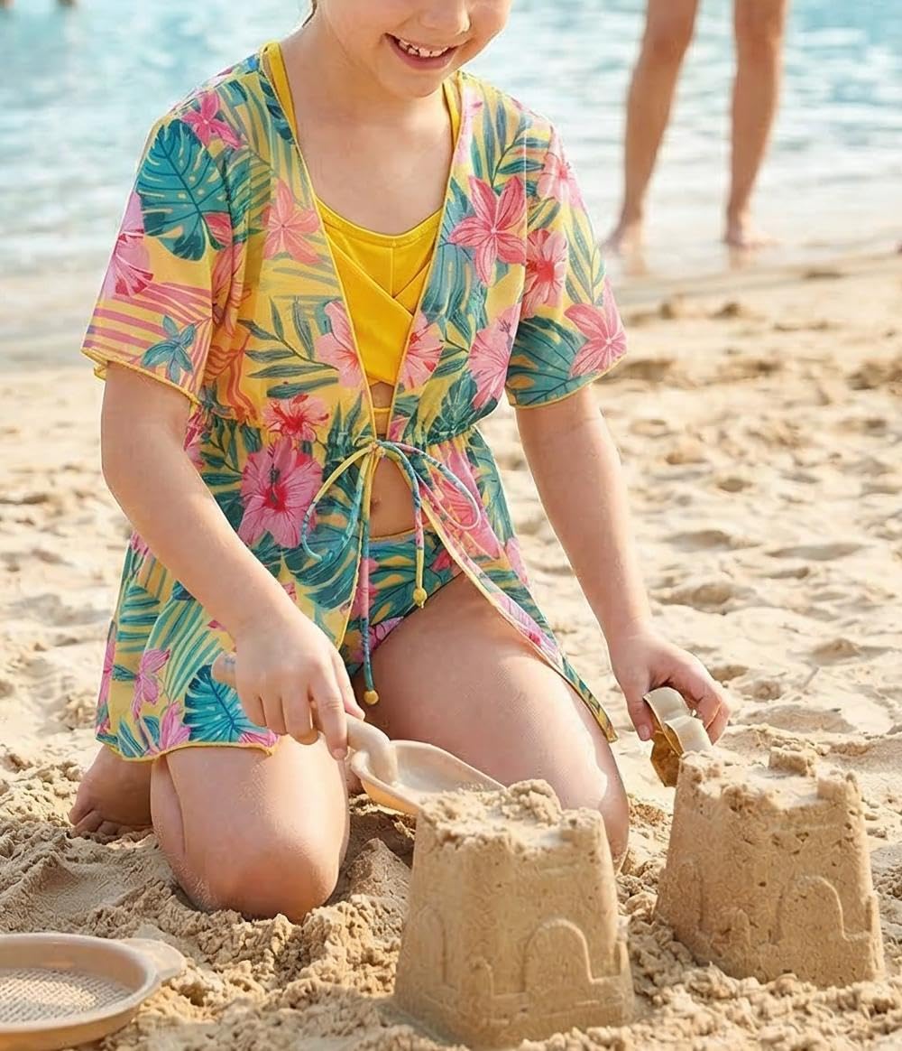 Arshiner Niñas Conjunto de Bikini 3 Piezas con Pareo Bañador Verano Falda Impresión Traje Ropa de Playa para Niñas 7-15 Años