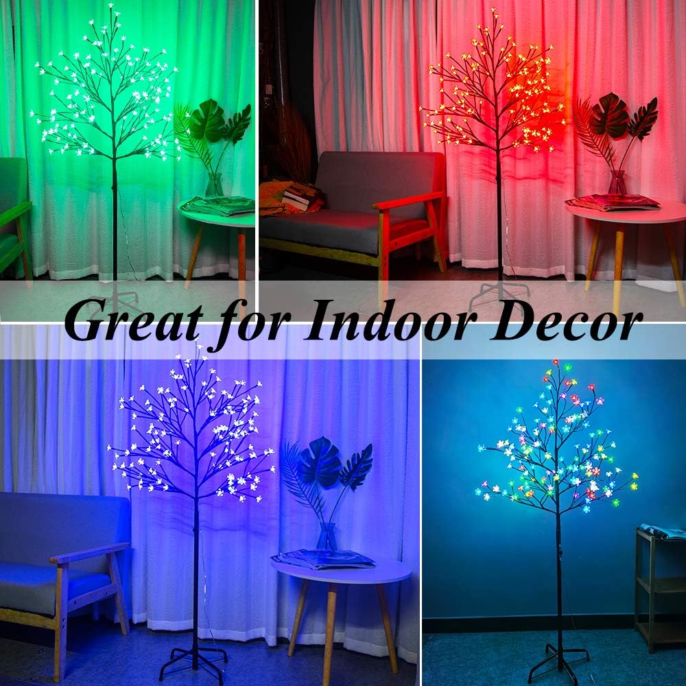 128 LED Cherry Blossom Lighted Tree Color Changing, Artificial Flower Bonsai Tree Lamp with Multicolor Remote Control 5 Feet Lit Tree Centerpieces for Christmas, Valentines Day Decor -4.9ft(RGB)