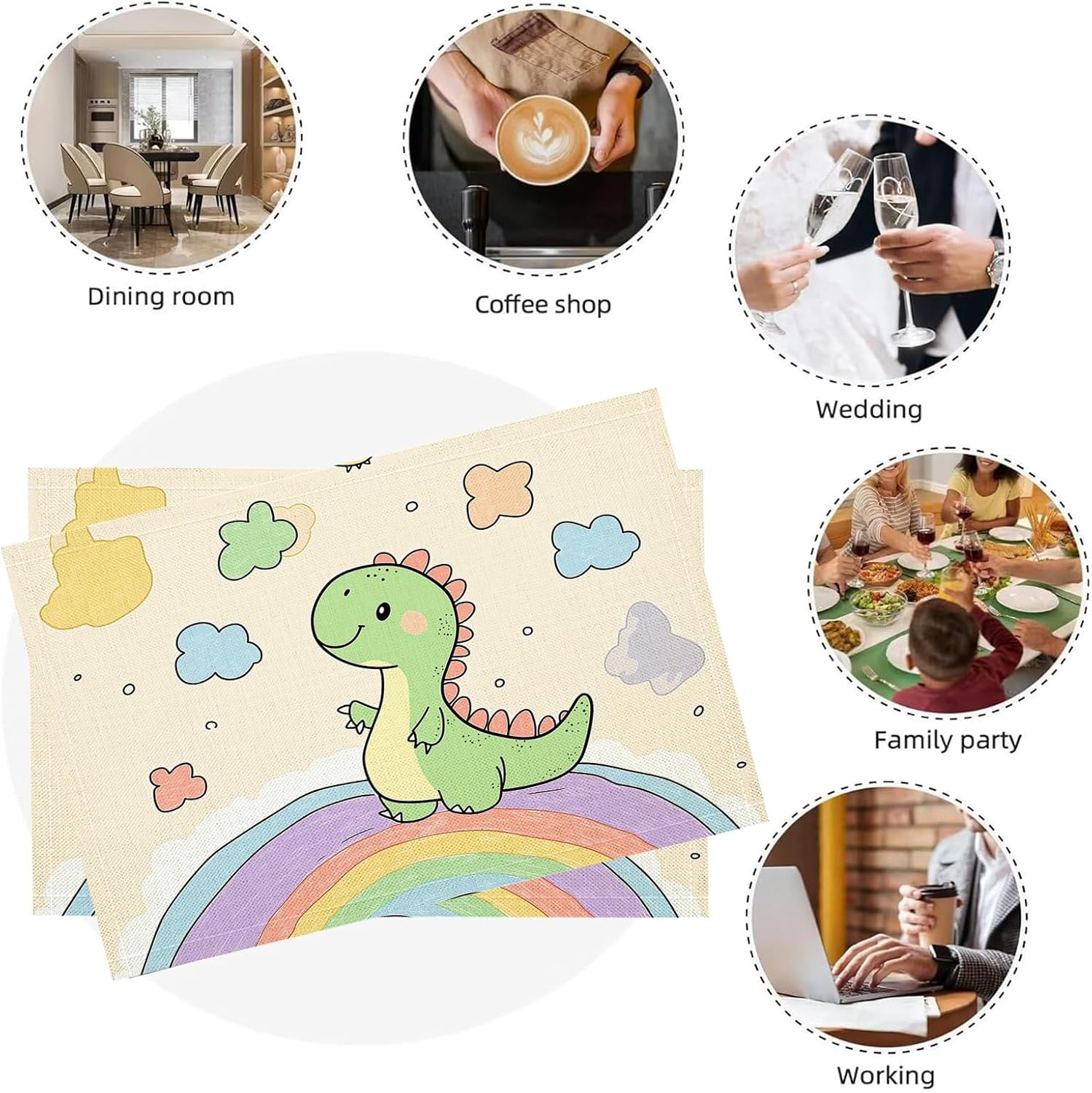 Cute Animals Placemats- Cartoon Dinosaurs Linen Table Place Mat - Set of 6 Farmhouse Non-Slip Heat Resistant Table Mats for Dining Kitchen Cabin Lodge Decor