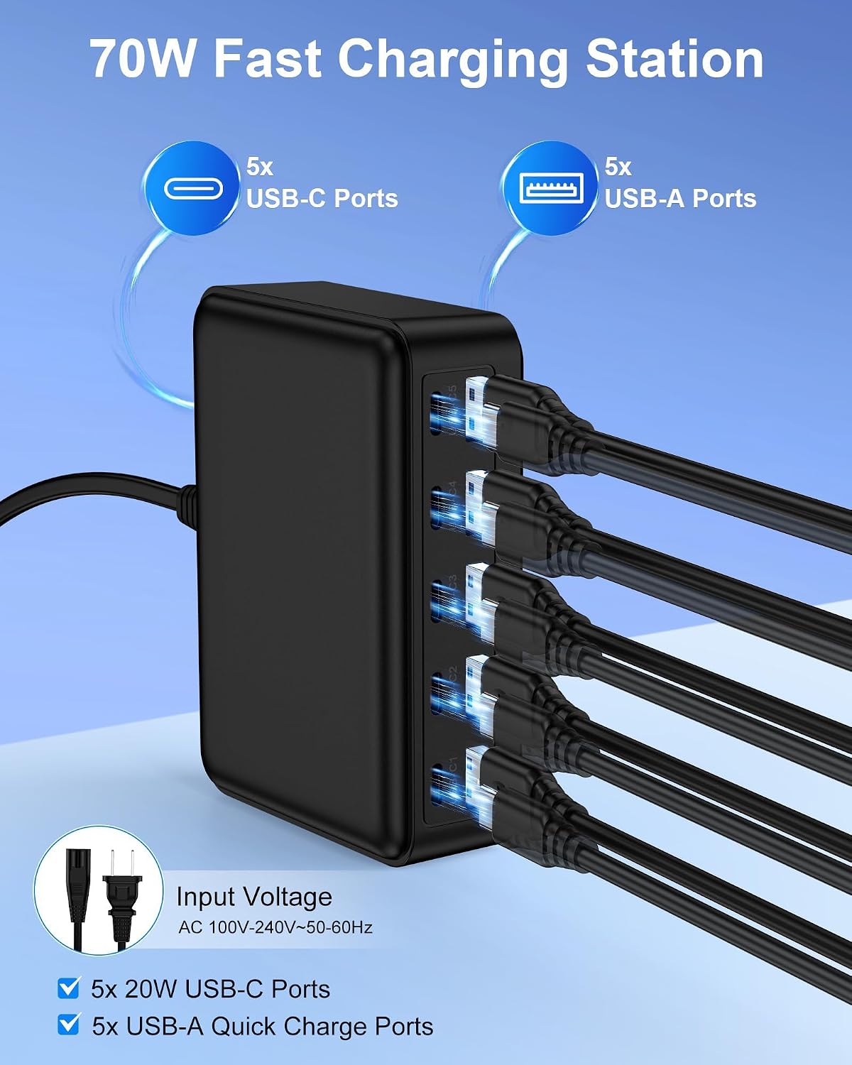 USB C Charger Station for Multiple Devices, 10-Port USBC Charging Hub | 5 USB-C & 5 USB-A Multi Ports, Fast Multiport Wall Charger Block Cube for iPhone 17 16 15 Pro Max iPad Plug Outlet thumbnail