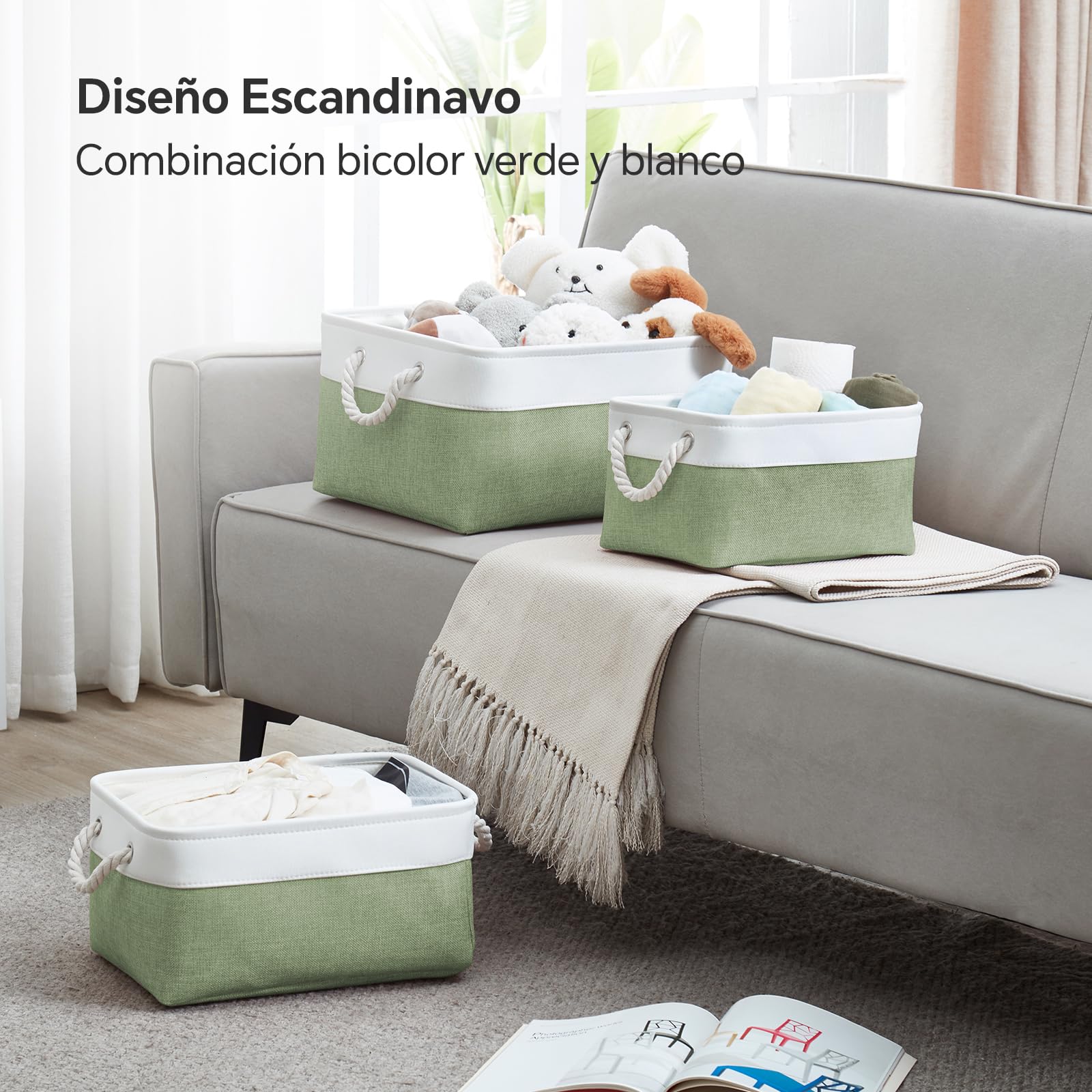 Mangata Cesta de almacenamiento de tela suave, caja de almacenamiento con asas de cordón, cestas contenedoras rectangulares para armario, vestidor, baño, estante, 36 x 26 x 18 cm, Verde y Blanco