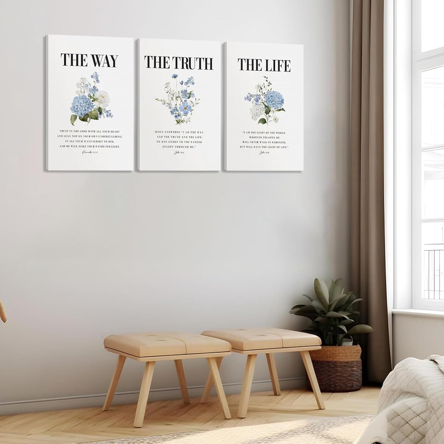 3Pcs Christian Canvas Wall Art John 14 6 the way the truth the life biblical quote Wall Decor Pictures Floral Prints Paintings Blue Scripture Artwork for Bathroom Room Home Decoration 16x24in