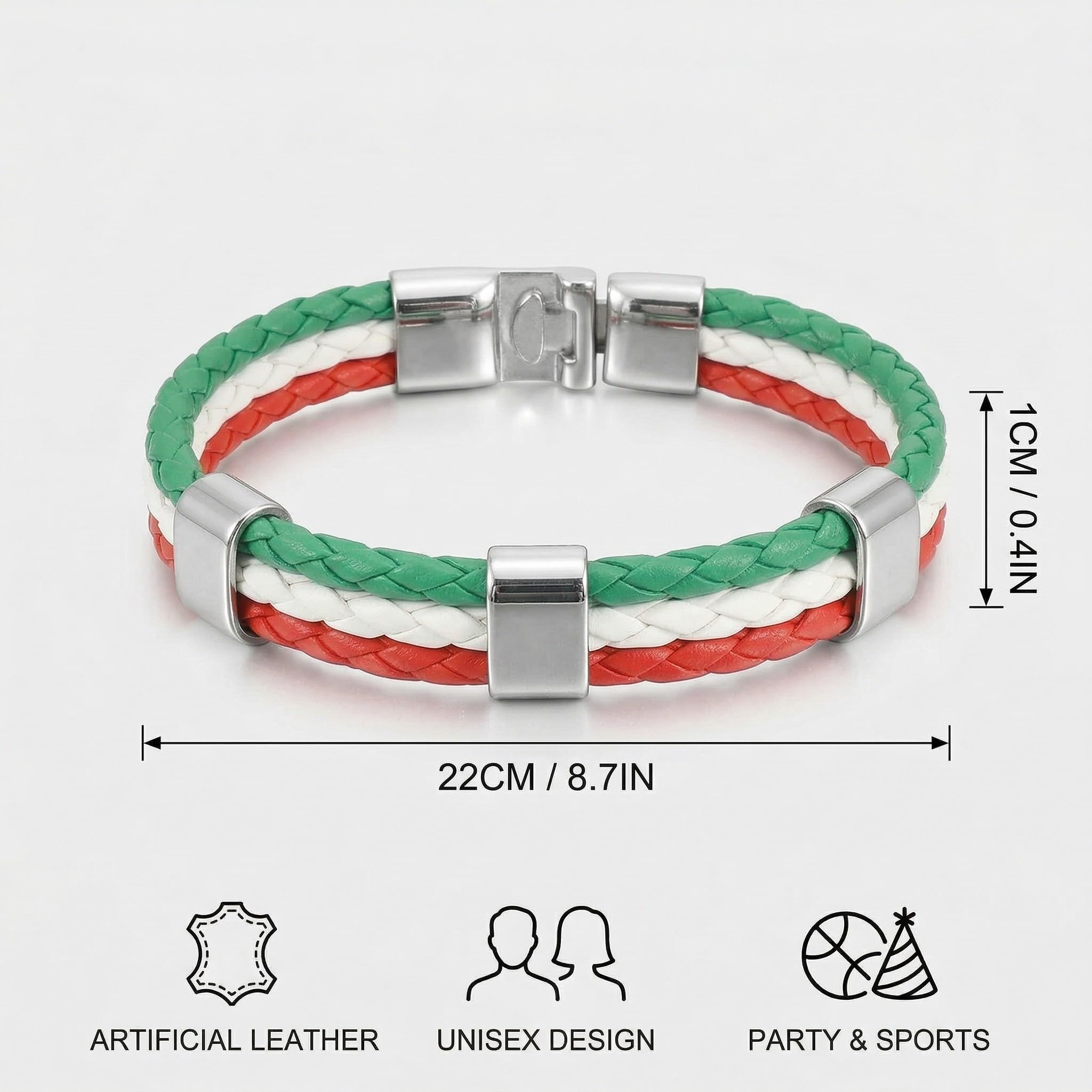 Bracelets Italie Supporter Simili-Cuir Tressé Drapeau Italien Tricolore 22cm